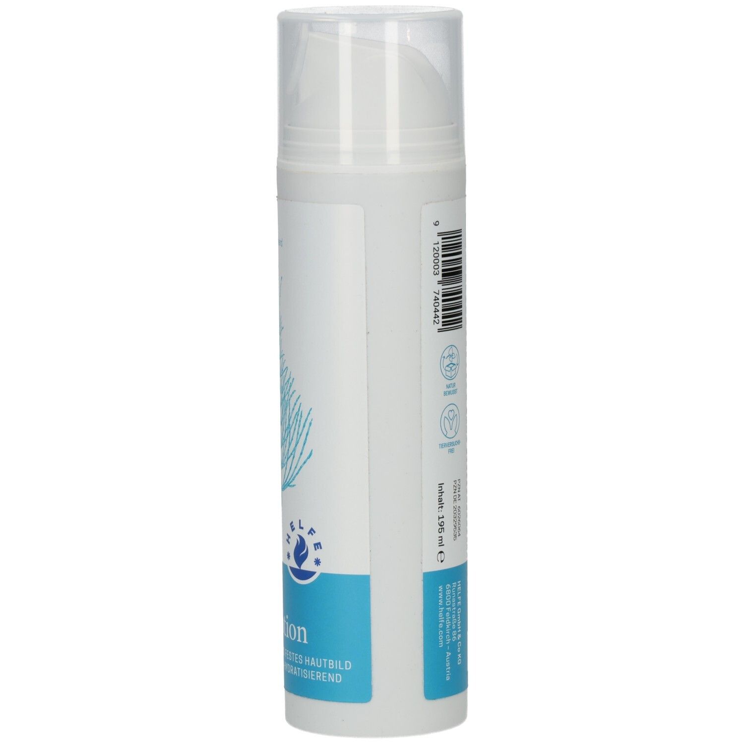 Weiße Flasche mit Sprühkopf. Aufschrift: Bodylotion. Blaues Design mit Pflanzenmotiv. HELFE-Logo. 150 ml.