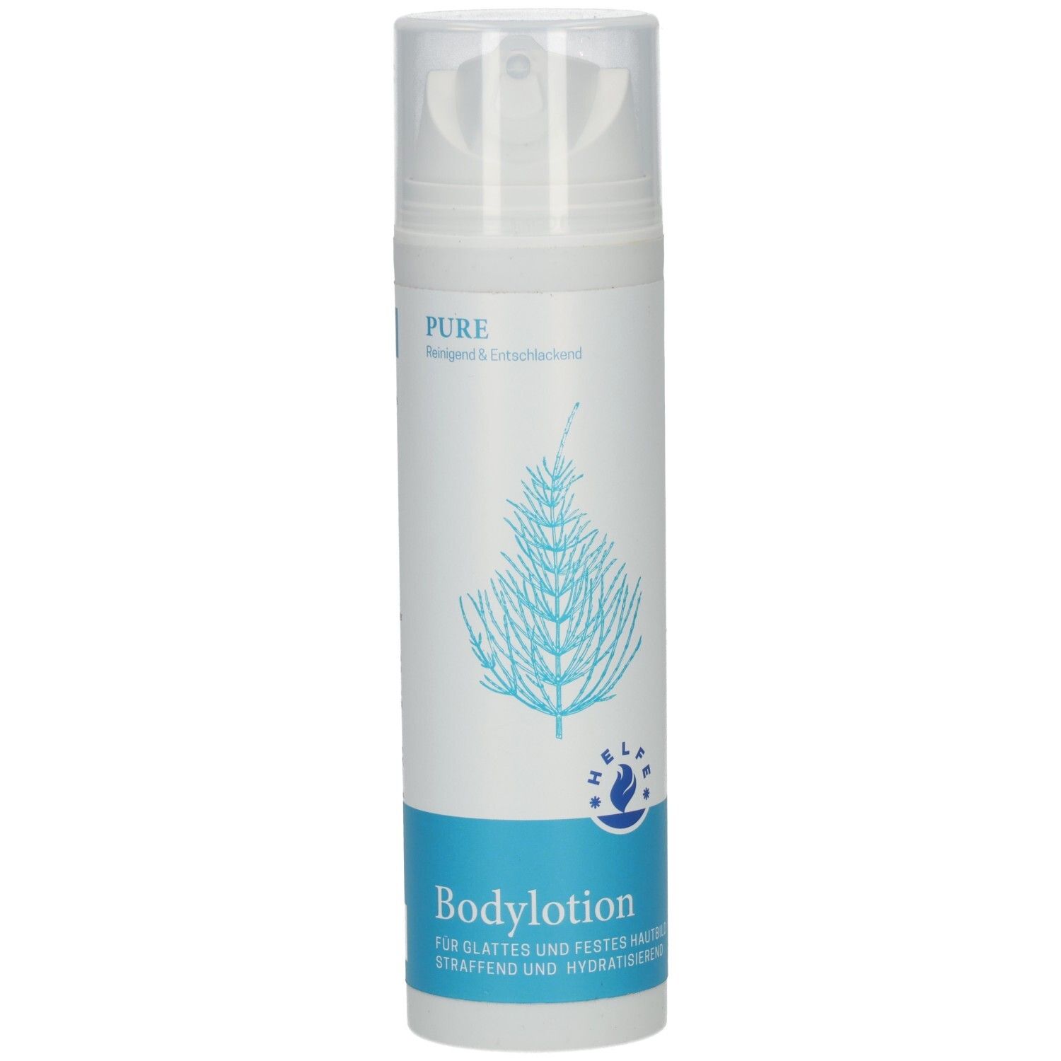 Weiße Flasche mit Sprühkopf. Aufschrift: PURE, Bodylotion. Blaues Design mit Pflanzenmotiv. HELFE-Logo.