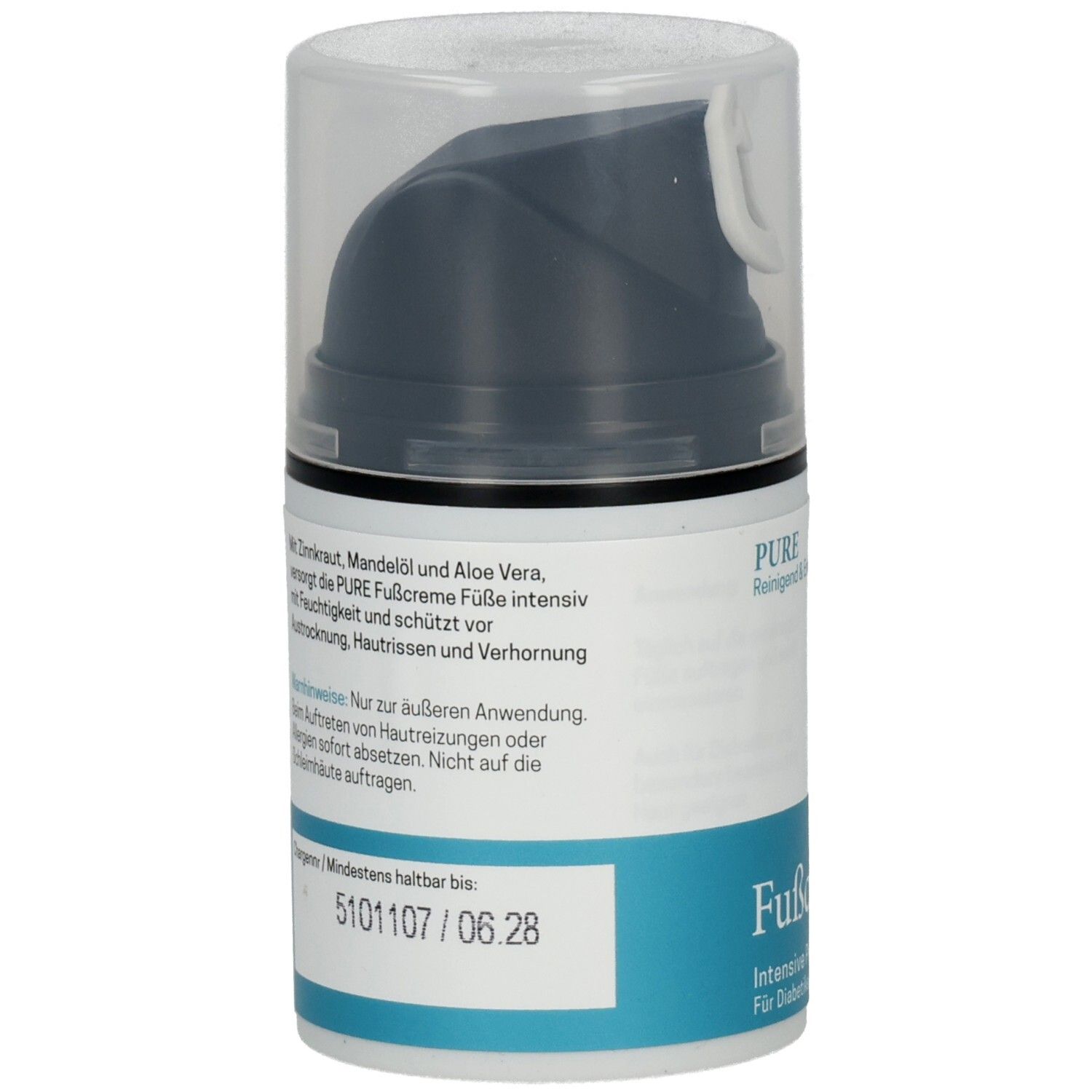 Rückseite der HELFÉ Fußcreme Pure Flasche mit Anwendungshinweisen und Haltbarkeitsdatum.