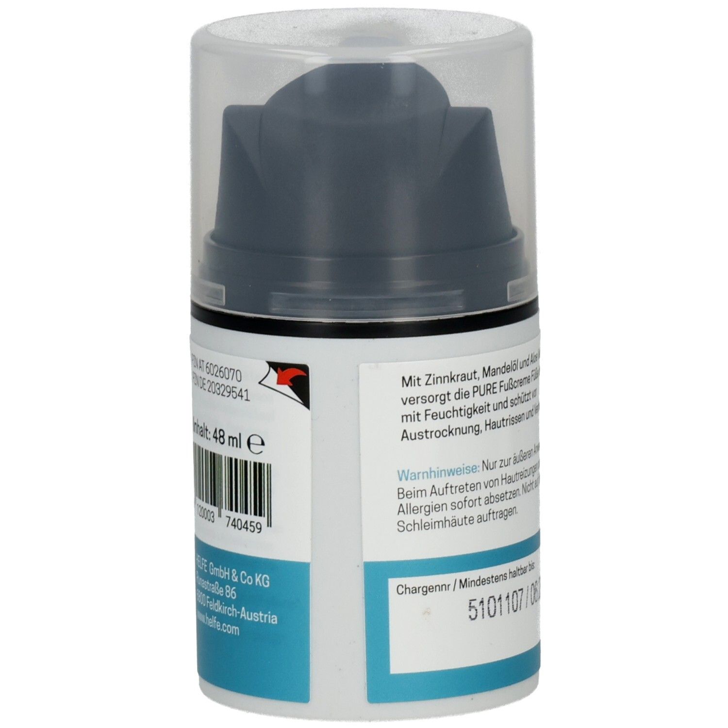 Seitenansicht der HELFÉ Fußcreme Pure Flasche mit Barcode und Inhaltsangabe 48 ml.