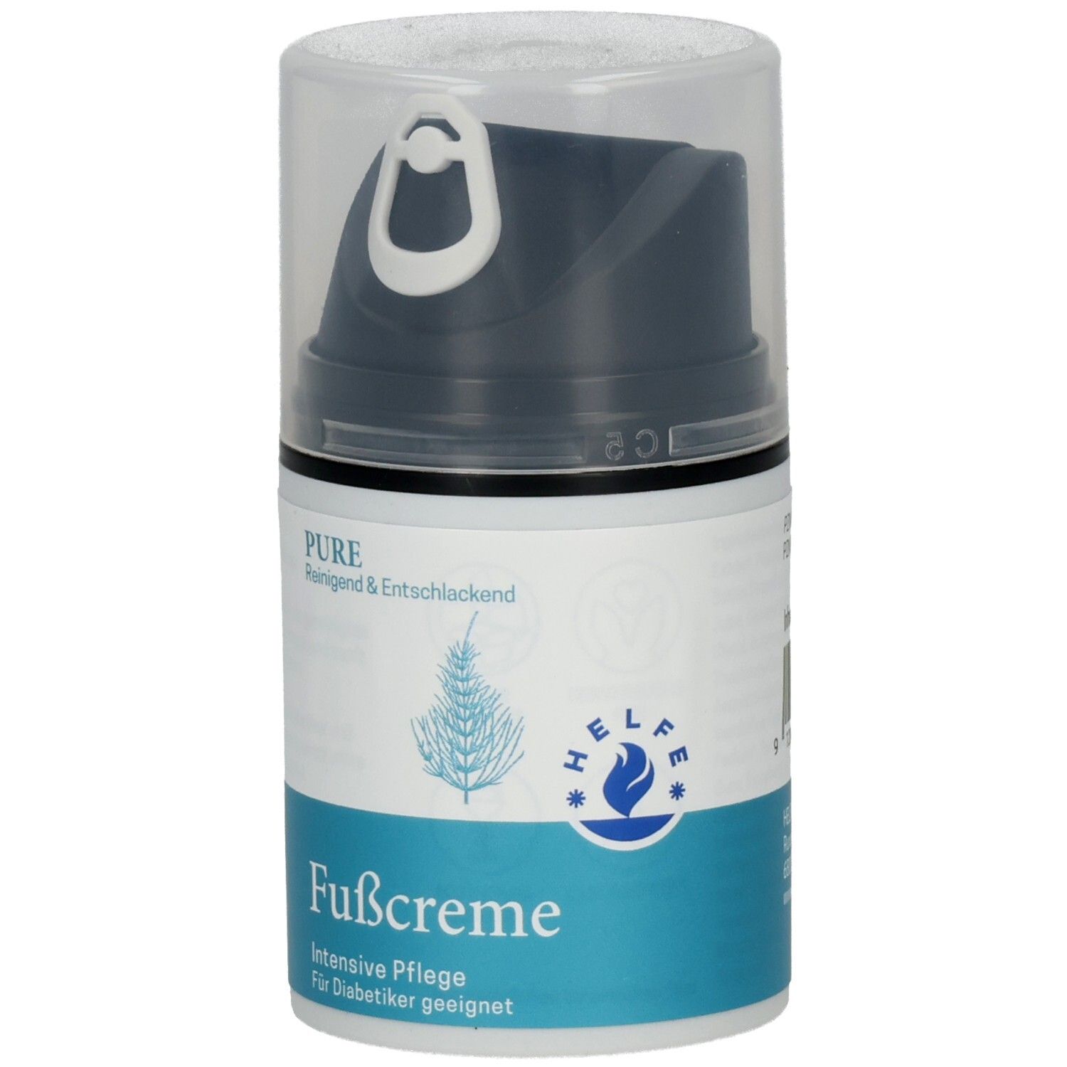HELFÉ Fußcreme Pure: Pumpflasche mit transparentem Deckel. Intensive Pflege für Diabetiker.