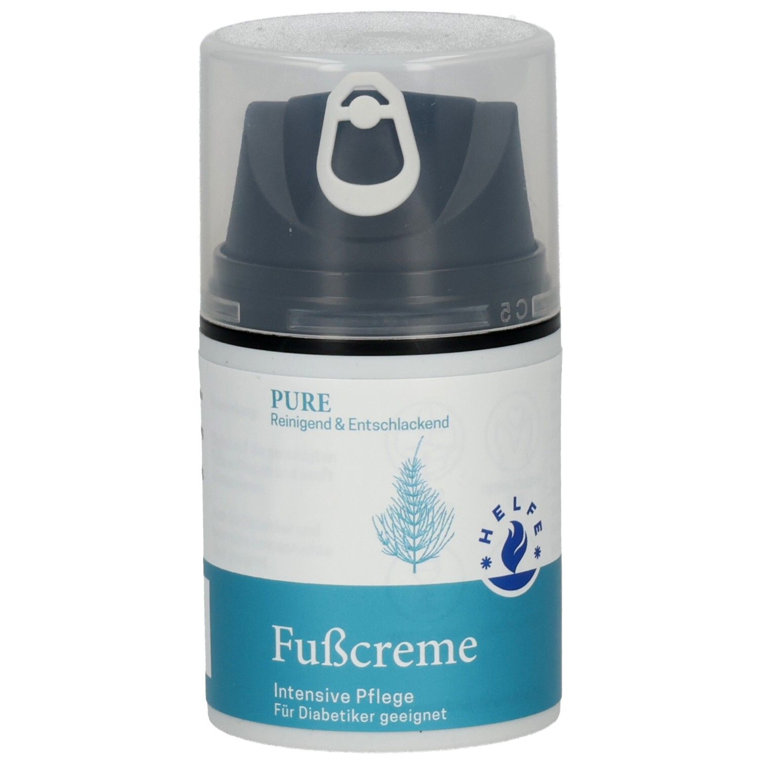 HELFÉ Fußcreme Pure: Pumpflasche mit transparentem Deckel. Intensive Pflege für Diabetiker.