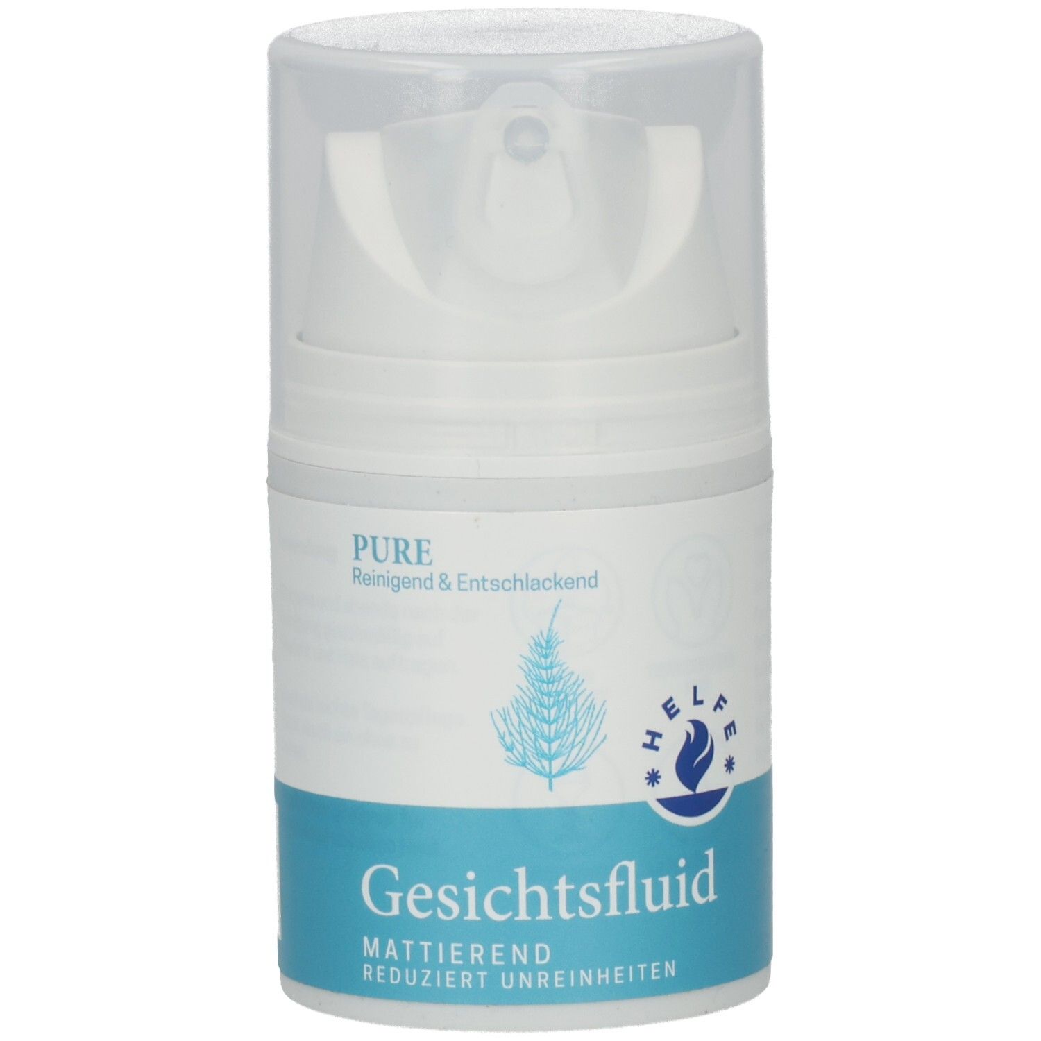 Weiße Flasche mit Pumpverschluss. Aufschrift: PURE, Gesichtsfluid mattierend. Türkisfarbener Streifen.