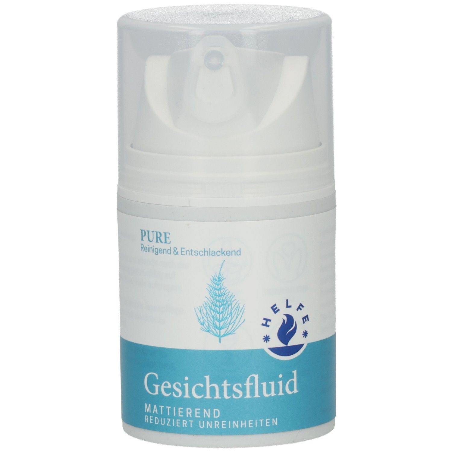Weiße Flasche mit Pumpverschluss. Aufschrift: PURE, Gesichtsfluid mattierend. Türkisfarbener Streifen. Logo.