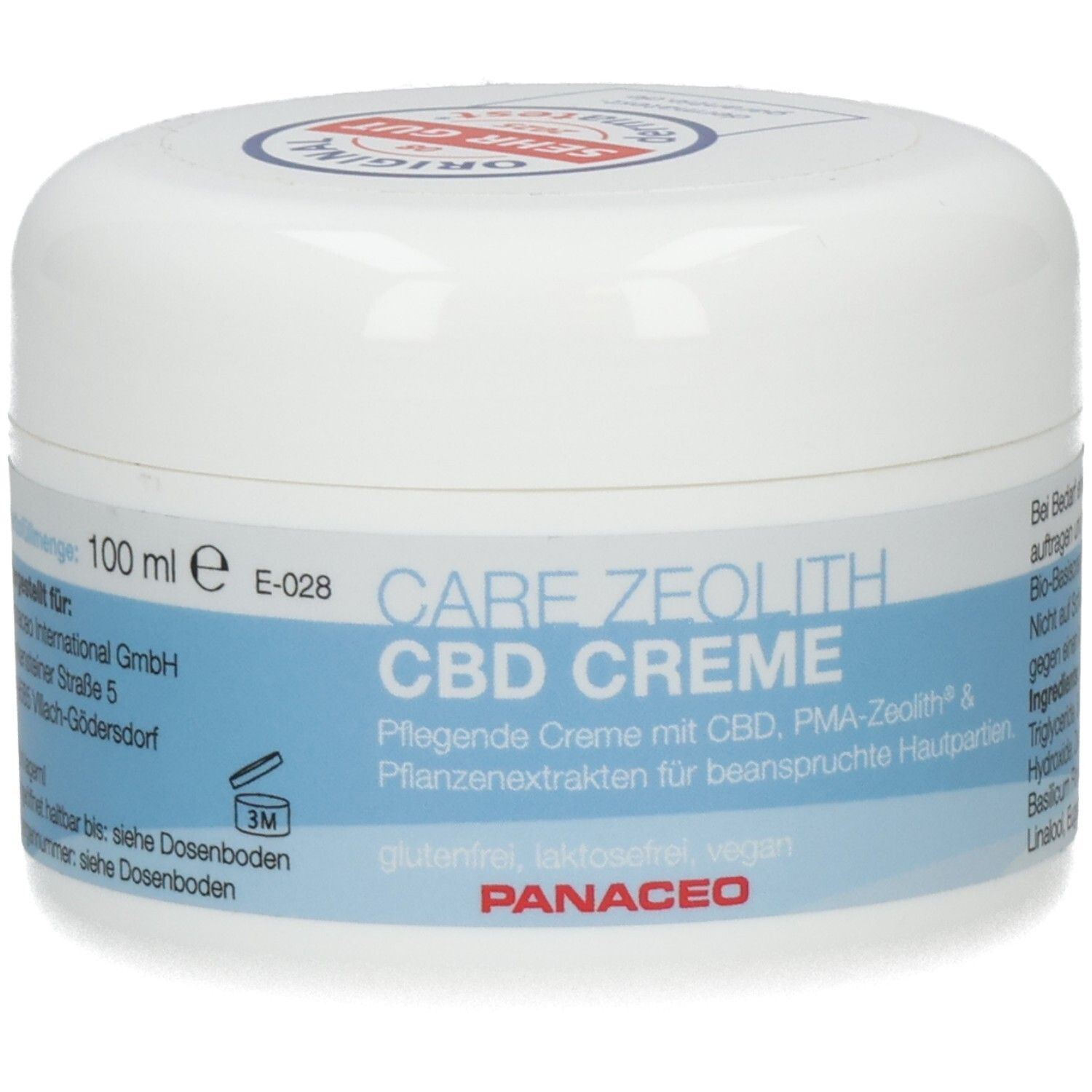 Weißer Tiegel mit blauem Etikett. Aufschrift: CARE ZEOLITH CBD CREME. Marke: PANACEO. Deckel mit rotem Logo.