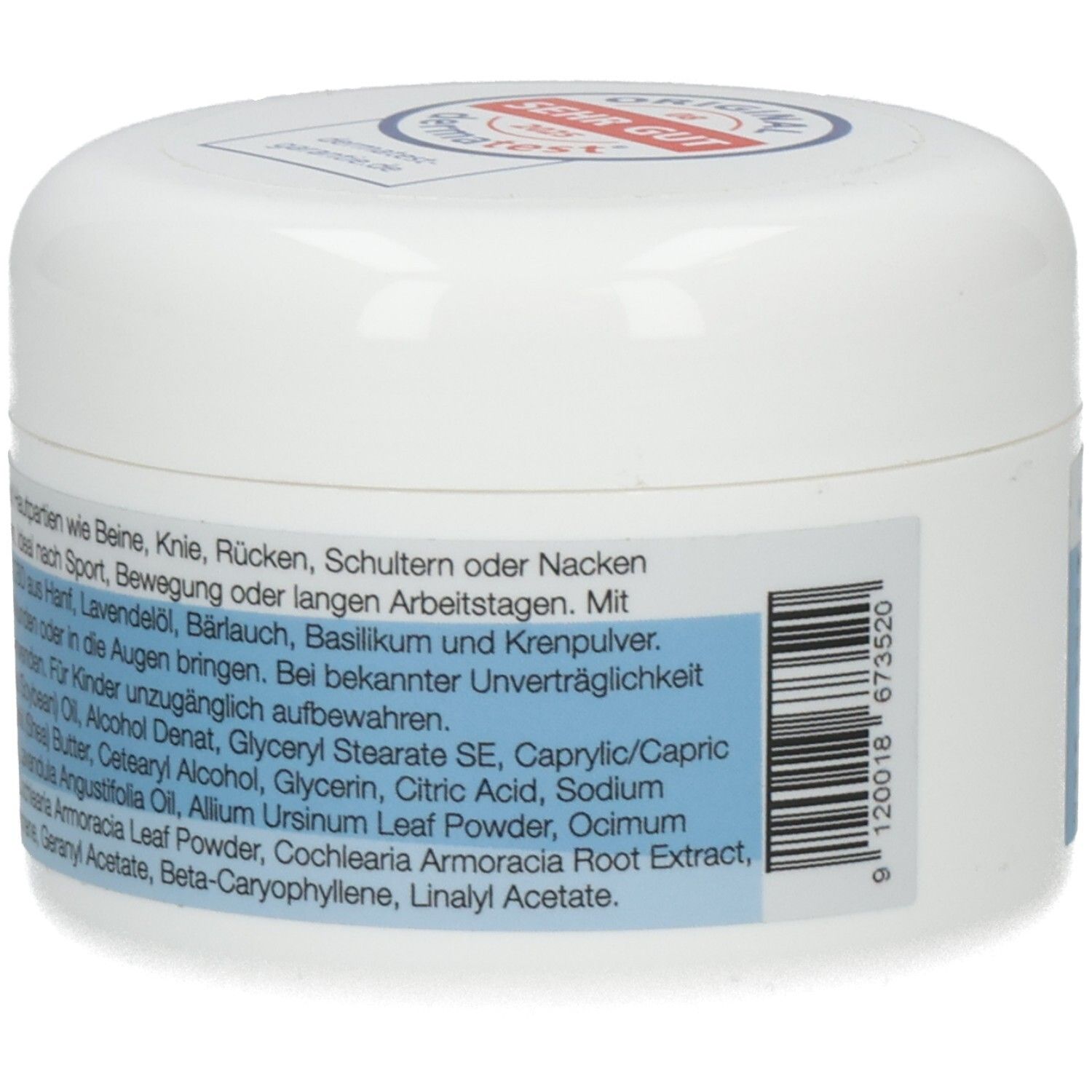 Weißer Tiegel mit blauem Etikett. Text mit Anwendungshinweisen und Inhaltsstoffen. Deckel mit rotem Logo.