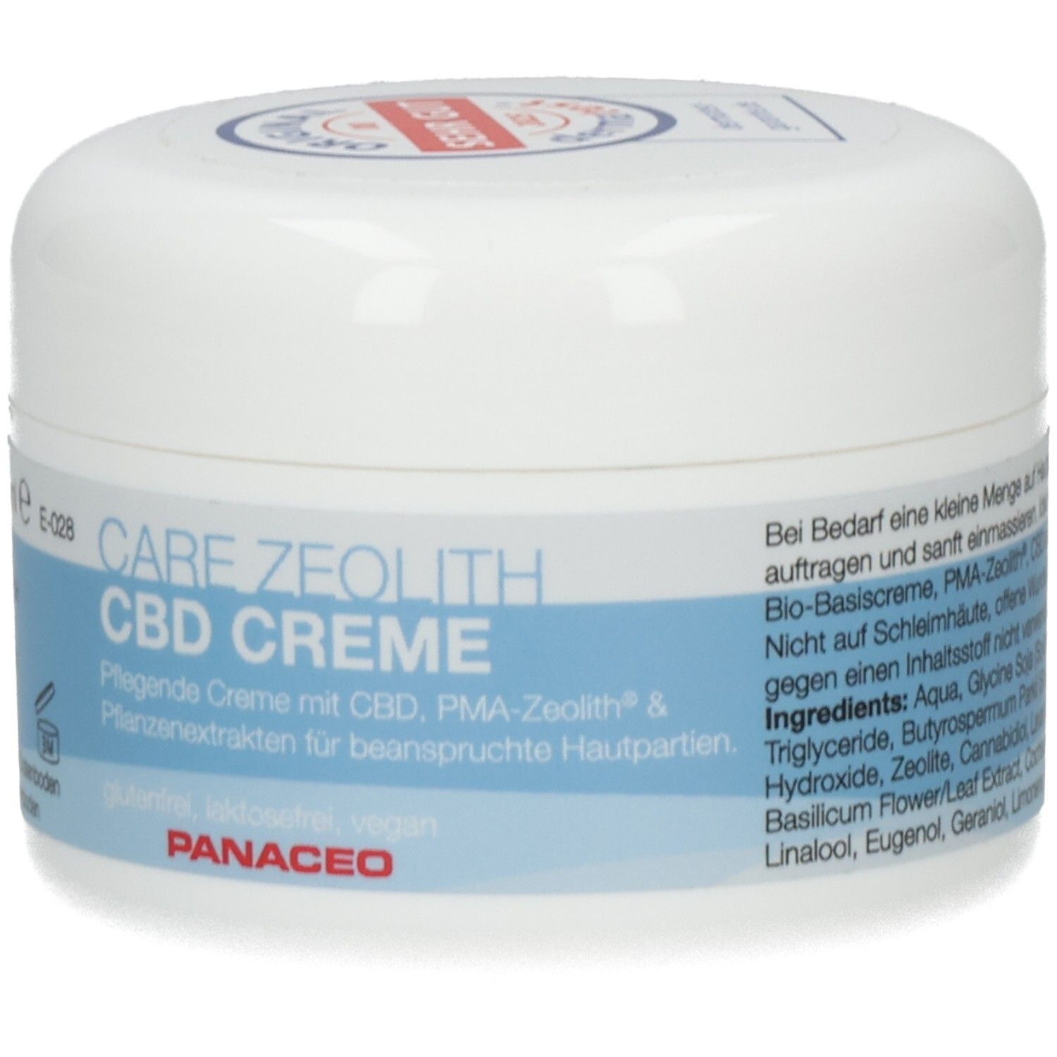 Weißer Tiegel mit blauem Etikett. Aufschrift: CARE ZEOLITH CBD CREME. Marke: PANACEO. Deckel mit rotem Logo.