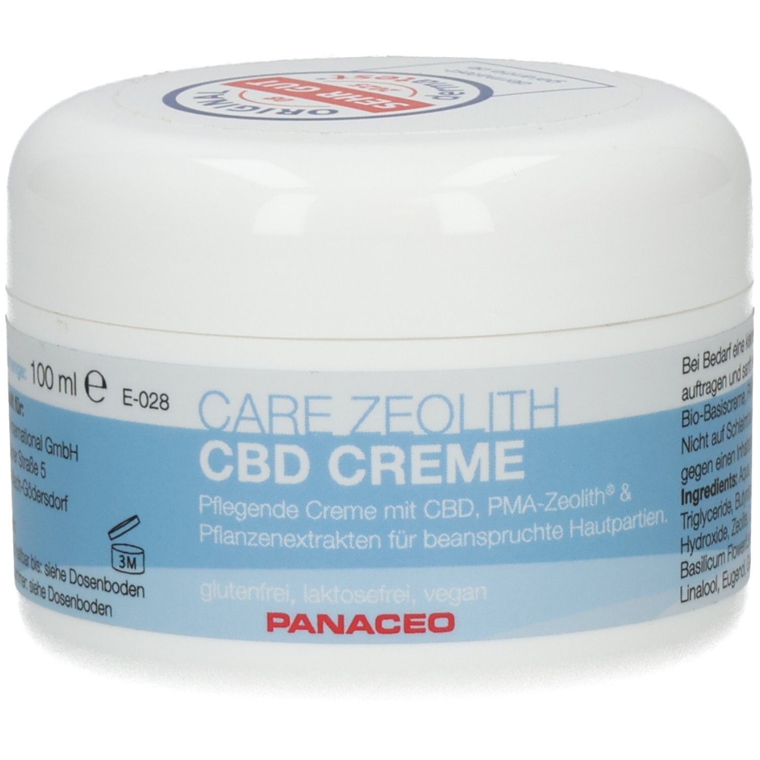Weißer Tiegel mit blauem Etikett. Aufschrift: CARE ZEOLITH CBD CREME. Marke: PANACEO. Deckel mit rotem Logo.