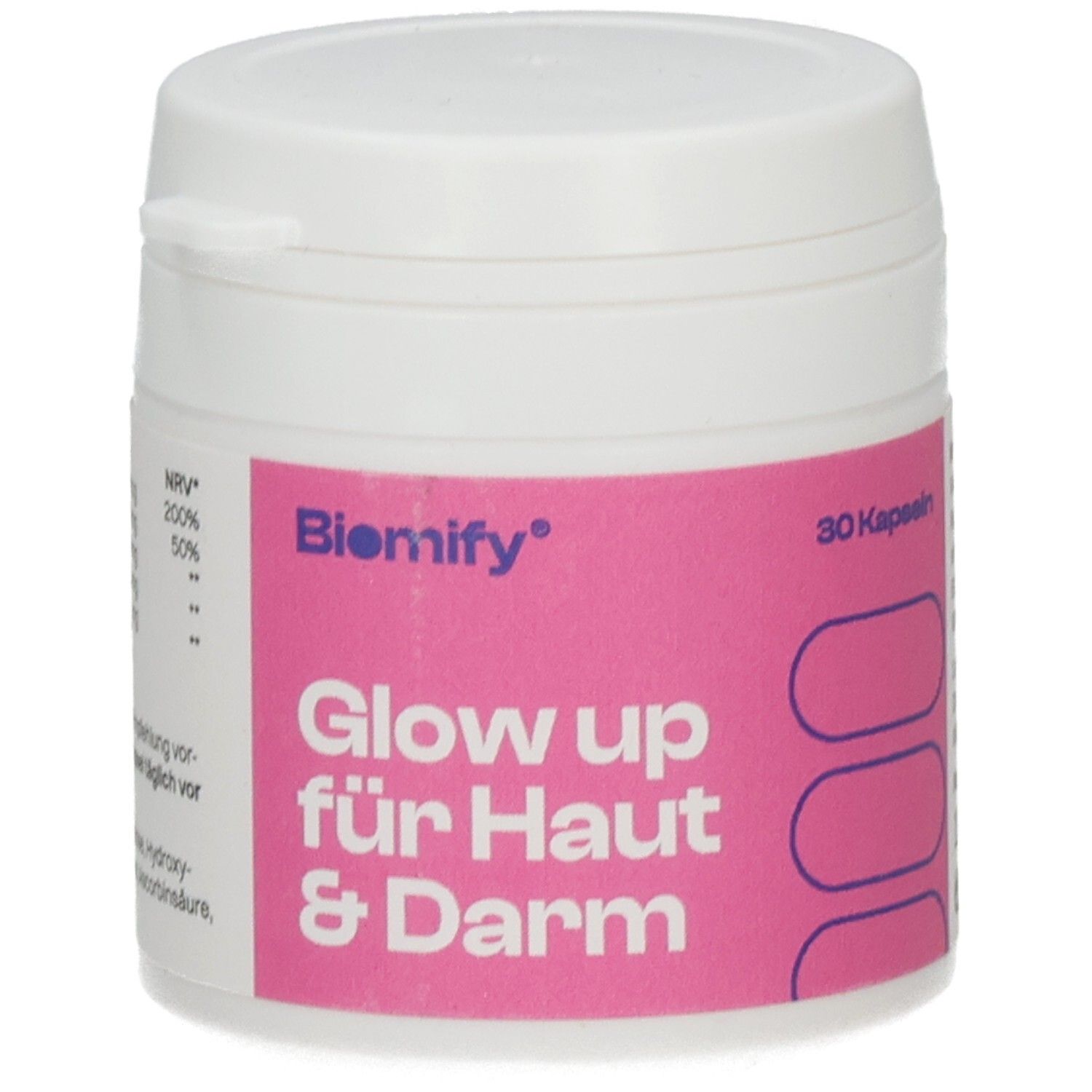 Weiße Dose mit rosa Etikett. Aufschrift: Biomify, Glow up für Haut & Darm. 30 Kapseln.
