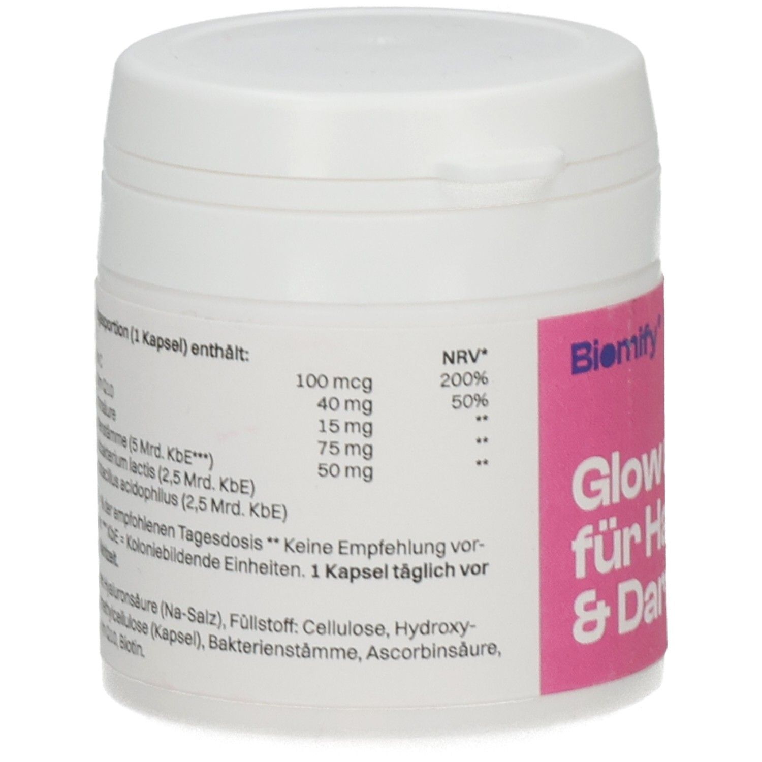 Weiße Dose, rosa Etikett mit Inhaltsangaben. Enthält: Biotin, Vitamin C, Coenzym Q10, Hyaluronsäure.