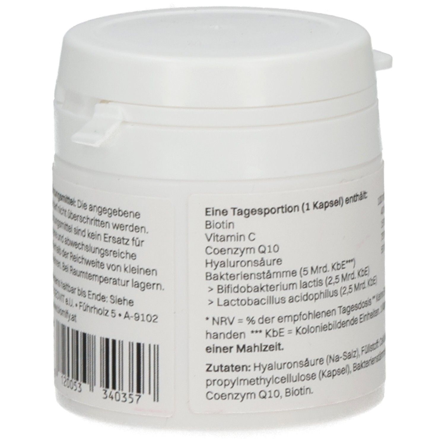 Weiße Dose, Rückseite mit Text. Enthält: Biotin, Vitamin C, Coenzym Q10, Hyaluronsäure.