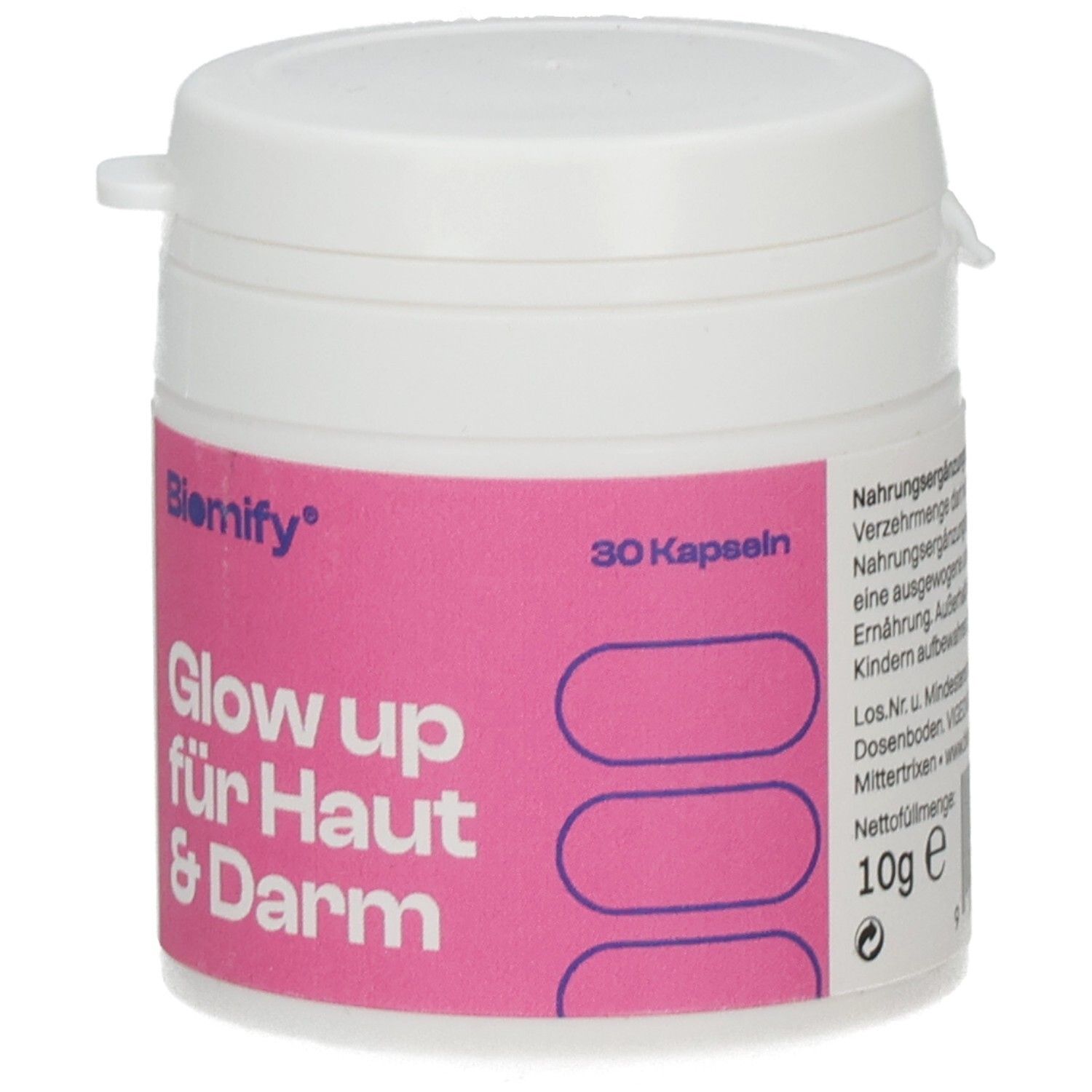 Weiße Dose mit rosa Etikett. Aufschrift: Biomify, Glow up für Haut & Darm. 30 Kapseln, 10g.