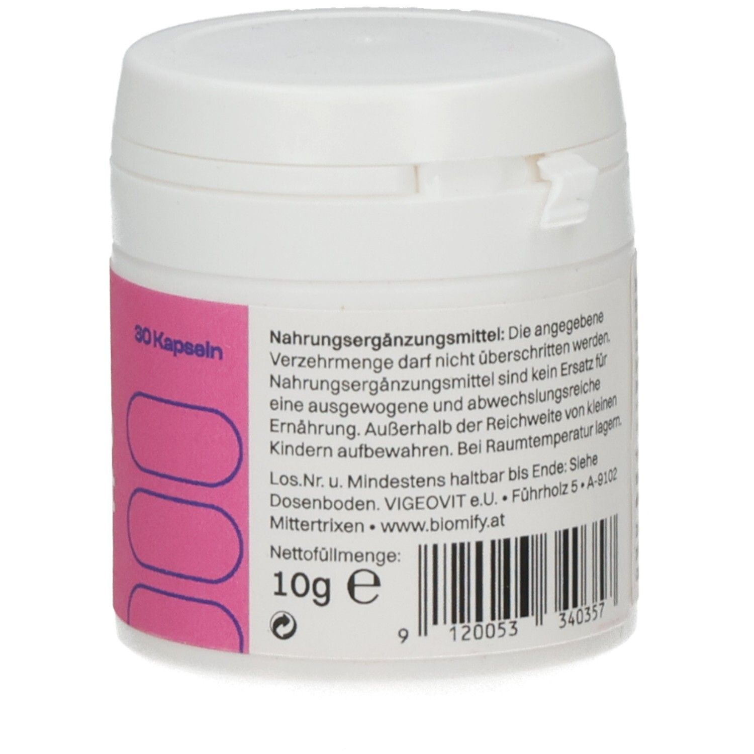Weiße Dose, Rückseite mit Text. Nettogewicht: 10g. Barcode. Herstellerinformationen.