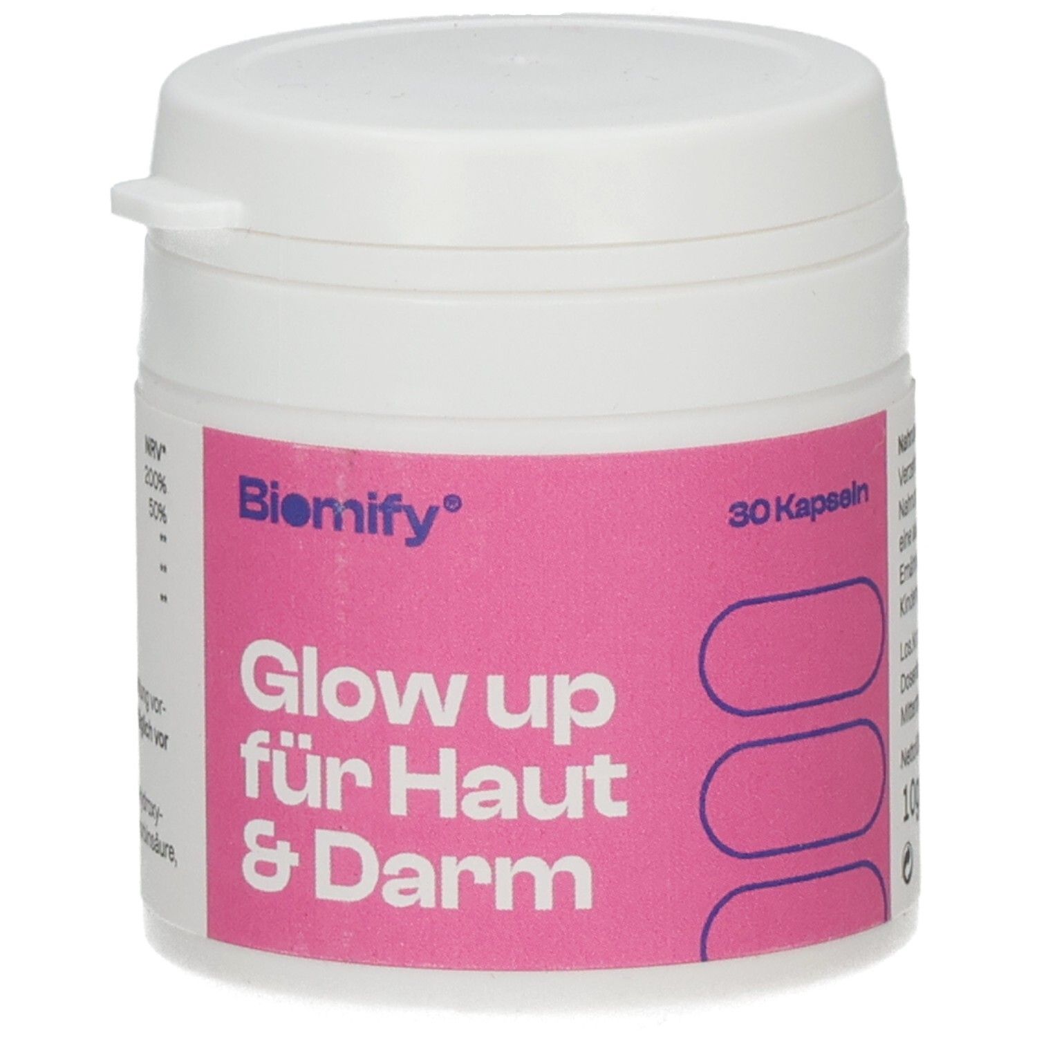 Weiße Dose mit rosa Etikett. Aufschrift: Biomify, Glow up für Haut & Darm. 30 Kapseln, 10g.