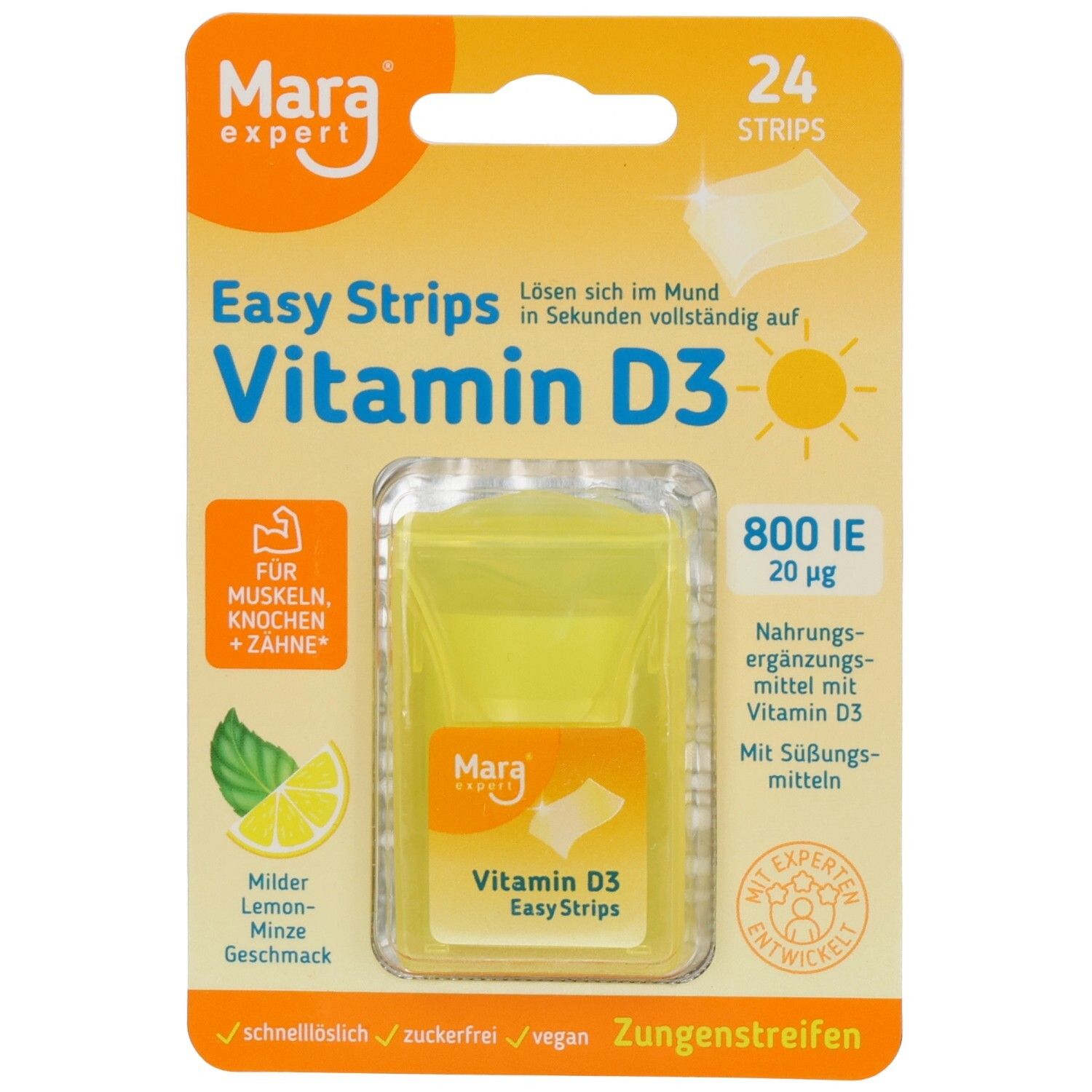 Verpackung mit Vitamin D3 Easy Strips. Enthält 24 Streifen. Marke Mara Expert. Gelbe Verpackung mit Produktinformationen.