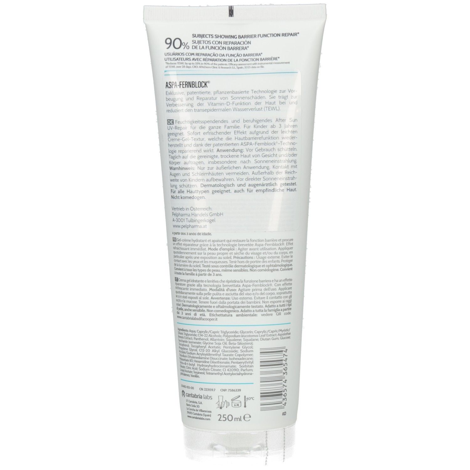 Rückseite der HELIOCARE After Sun UV Repair Gel-Creme Tube. Enthält 250ml. Zeigt Informationen über ASPA-FERNBLOCK und Inhaltsstoffe.