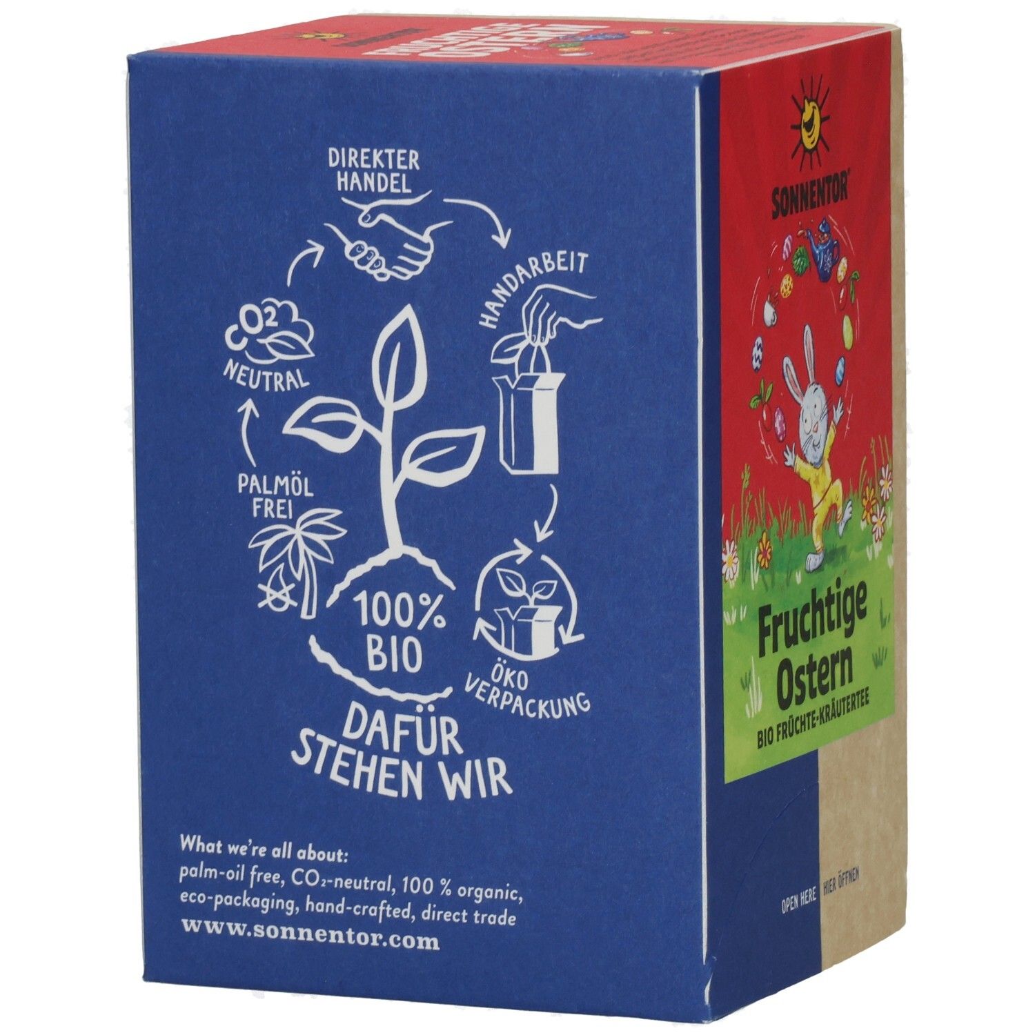 Blaue Seite der Teebox mit Illustrationen und Text. Enthält Logos für Palmölfrei, CO2-neutral, 100% Bio und Öko-Verpackung. Text: 'Dafür stehen wir'.