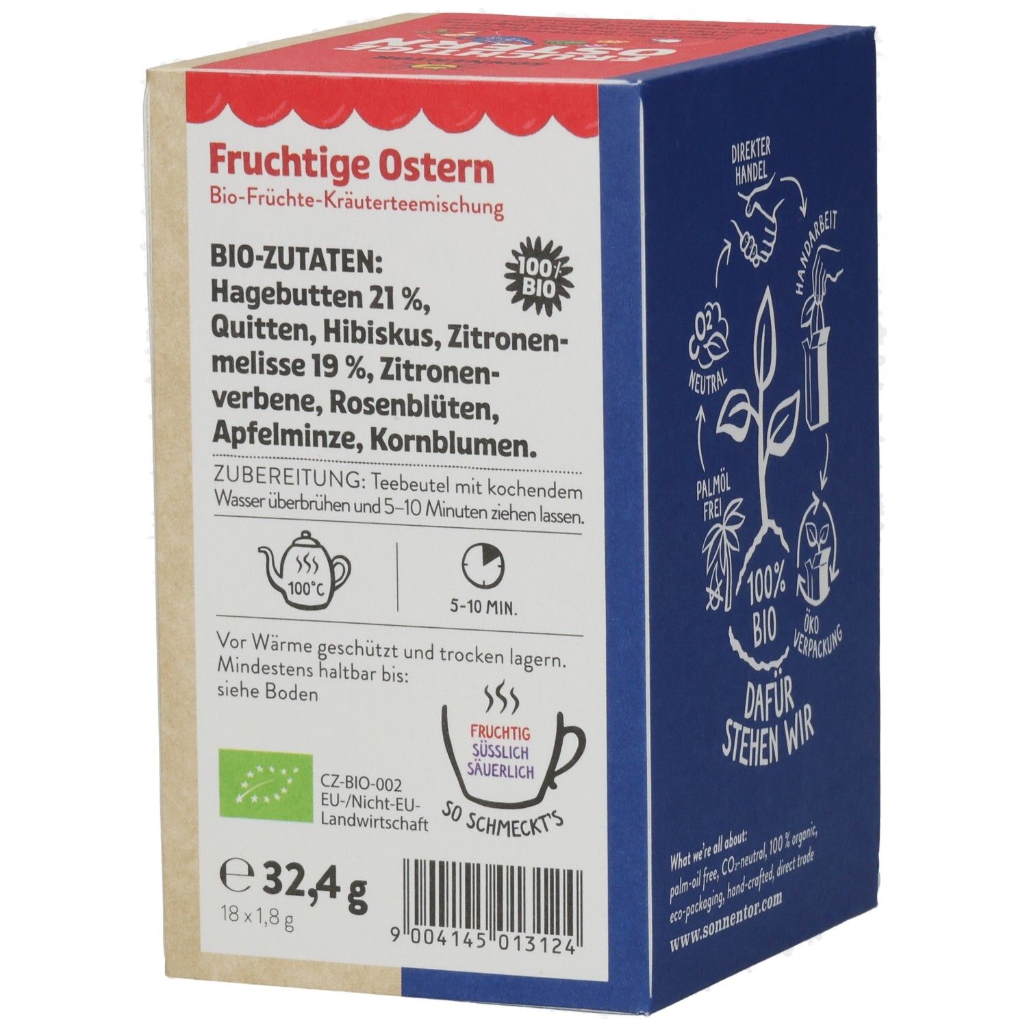 Teebox mit Zutatenliste und Zubereitungshinweisen. Enthält Logos für Bio-Zertifizierung. Text: 'Fruchtige Ostern'. Packungsinhalt: 32,4g (18x1,8g).