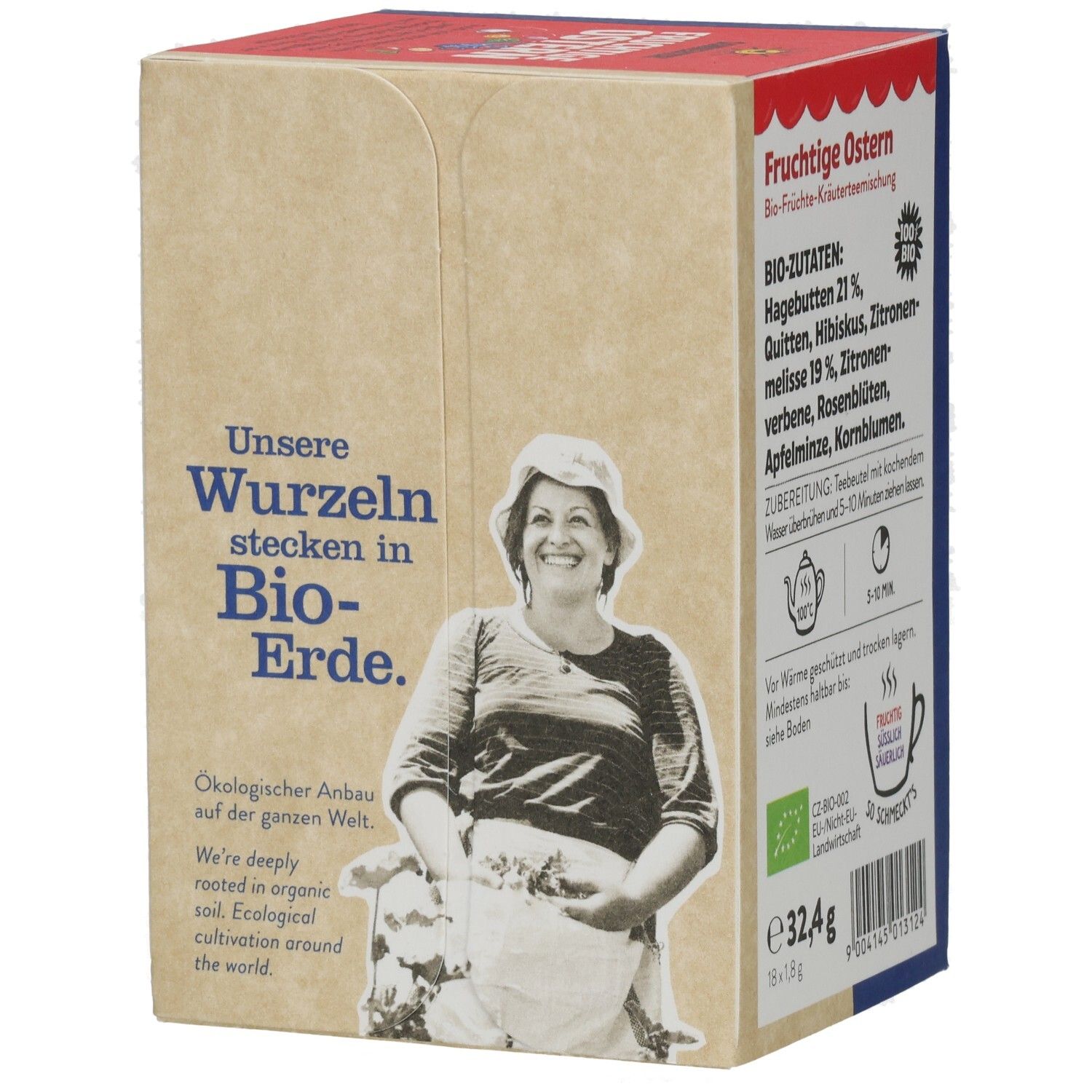 Rückseite der Teebox mit Text und Illustration einer Frau. Text: 'Unsere Wurzeln stecken in Bio-Erde'. Enthält Bio-Zertifizierungslogo. Braune Verpackung.