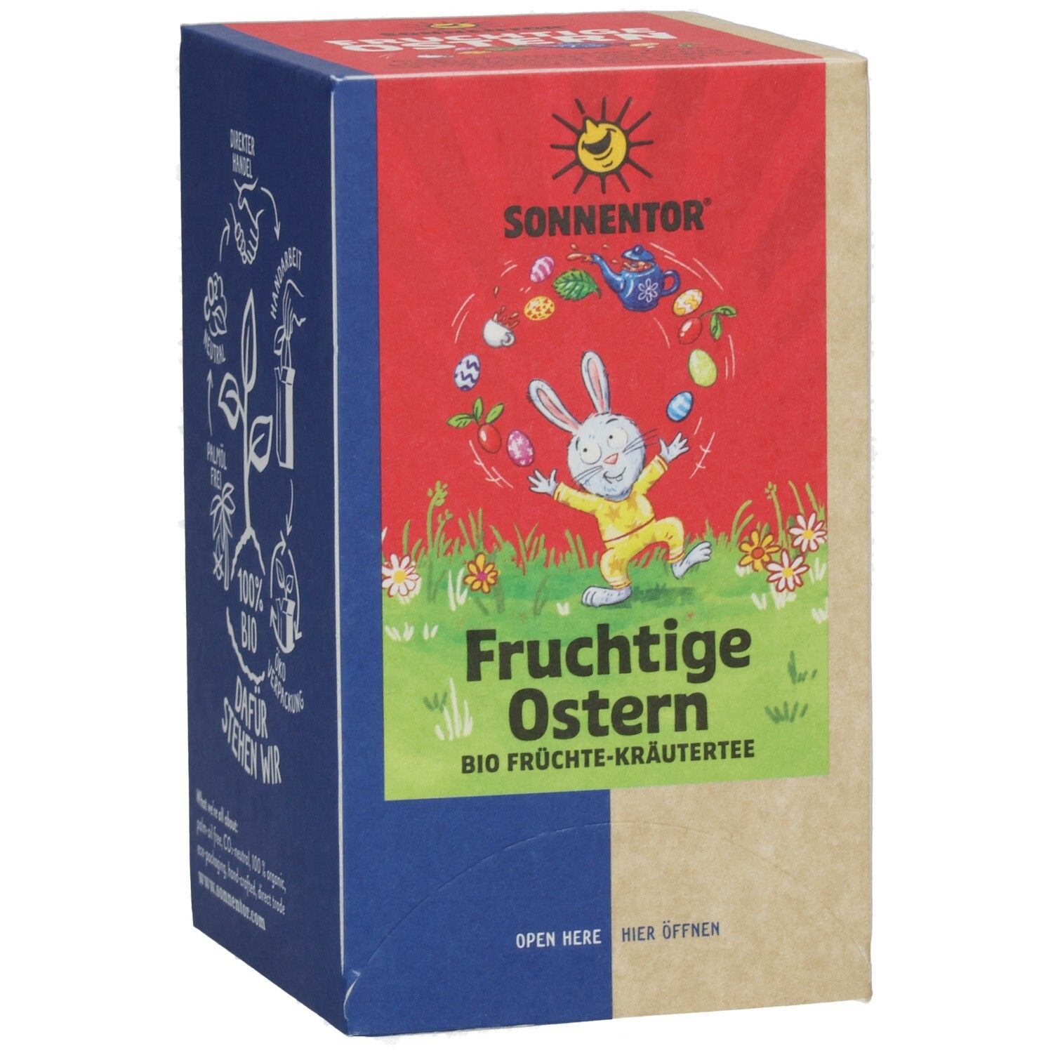Teebox SONNENTOR Tee Ostern Bio. Roter Deckel mit Logo und Oster-Illustration. Vorderseite mit Hase und Schriftzug. Braune und blaue Seiten.