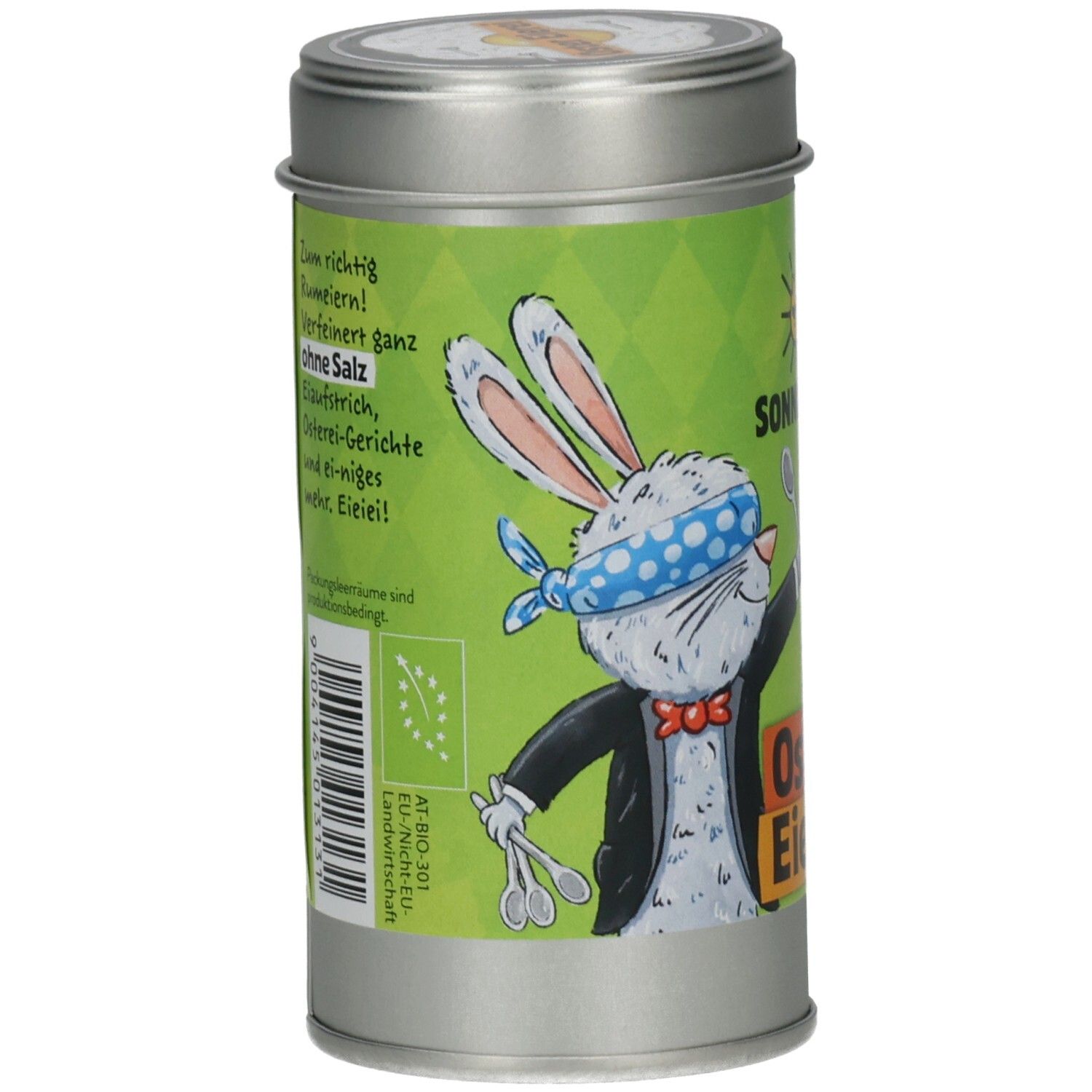 Metall-Dose mit grünem Etikett. Abbildung eines Hasen mit Augenbinde. Text: Oster Eierei. Bio-Siegel.