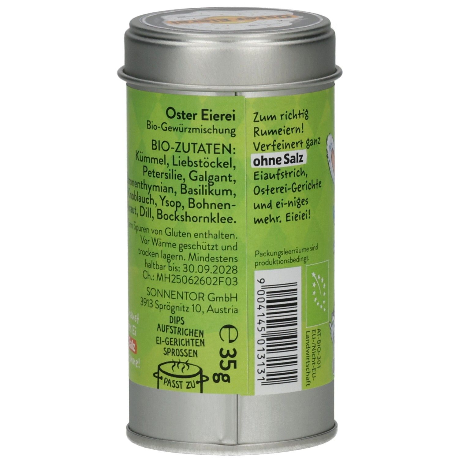 Metall-Dose mit grünem Etikett. Text: Oster Eierei, Bio-Gewürzmischung, Zutaten. Text: ohne Salz. Gewicht: 35g.