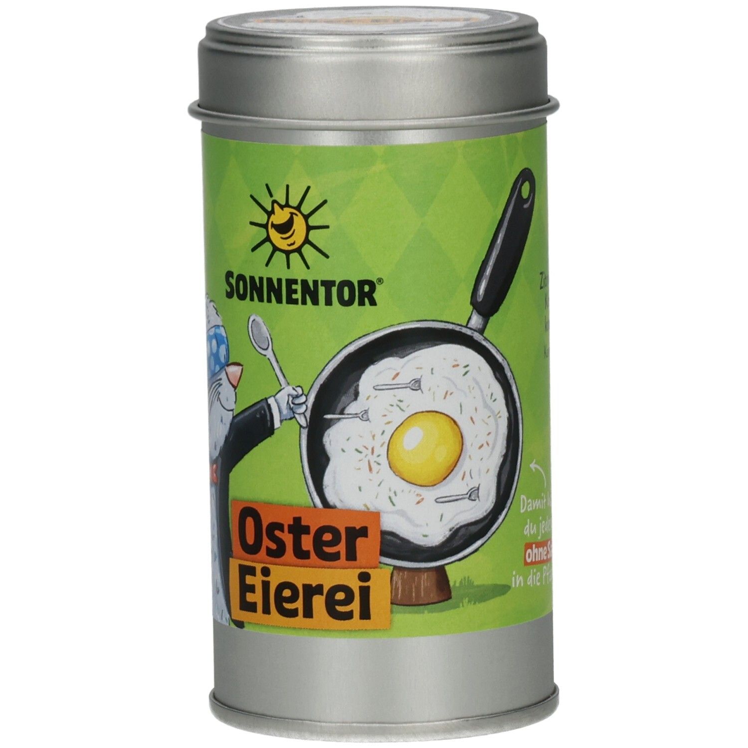 Metall-Dose mit grünem Etikett. Abbildung eines Hasen mit Augenbinde und Spiegelei in der Pfanne. Text: Oster Eierei.