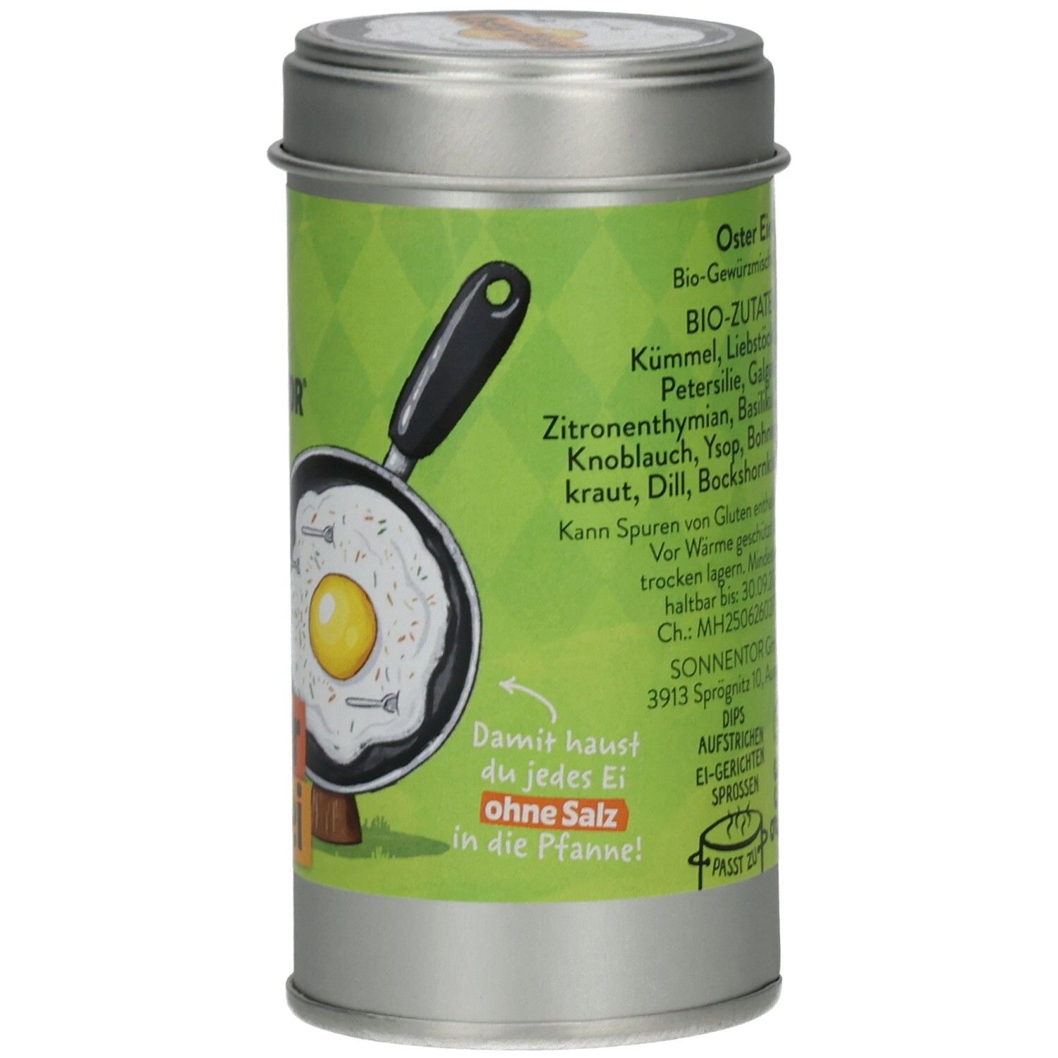 Metall-Dose mit grünem Etikett. Abbildung eines Spiegeleis in der Pfanne. Text: Oster Eierei. Text: ohne Salz.