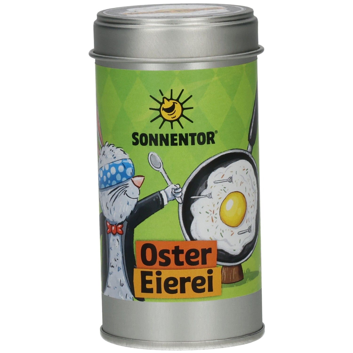 Metall-Dose mit grünem Etikett. Abbildung eines Hasen mit Augenbinde und Spiegelei in der Pfanne. Text: Oster Eierei.