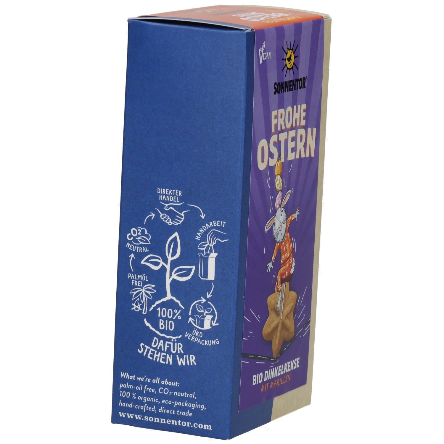 Verpackung mit Keksen. Rückseite mit Text und Logos. 100% Bio, Palmölfrei, CO2-neutral. Handarbeit. Direkter Handel.
