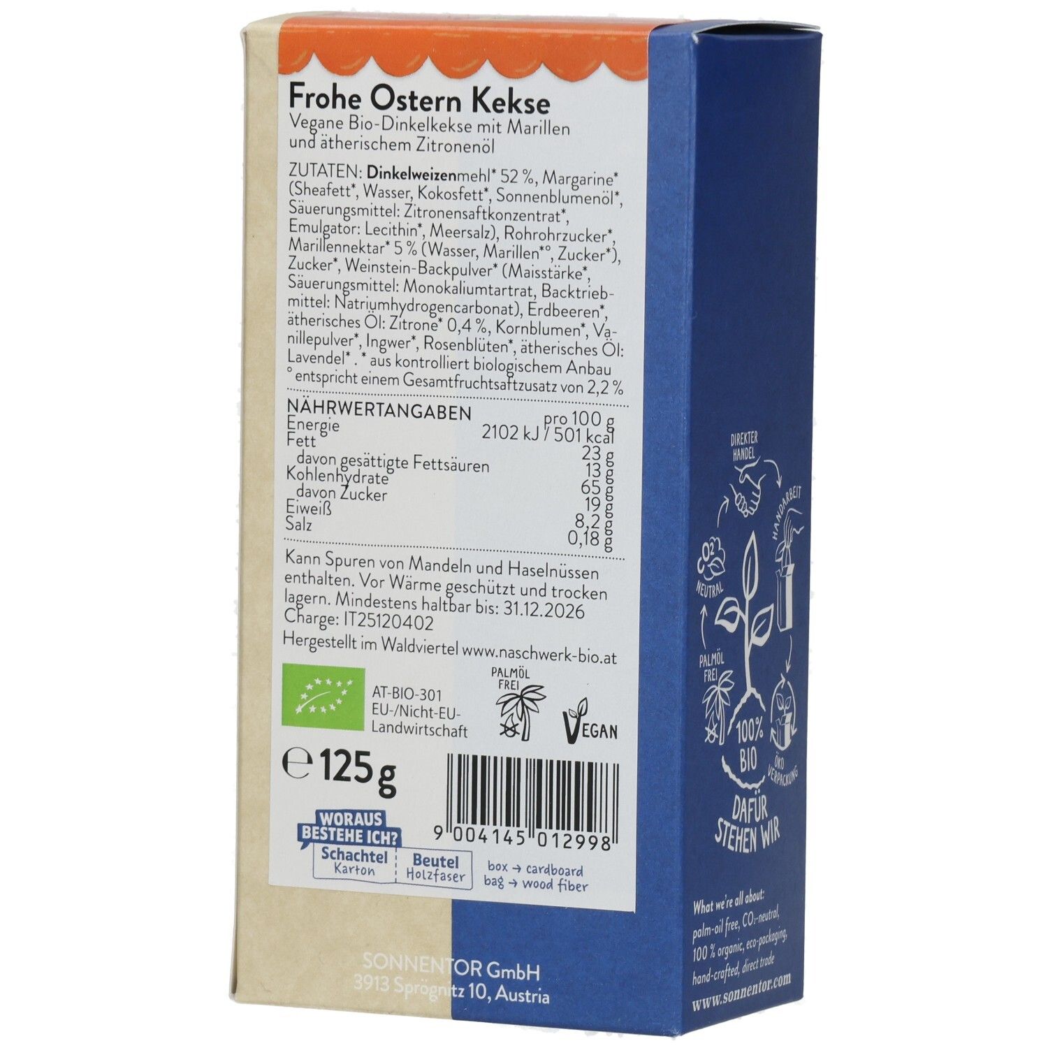 Rückseite der Verpackung mit Nährwertangaben und Zutatenliste. Bio-Siegel. 125g. Vegan.