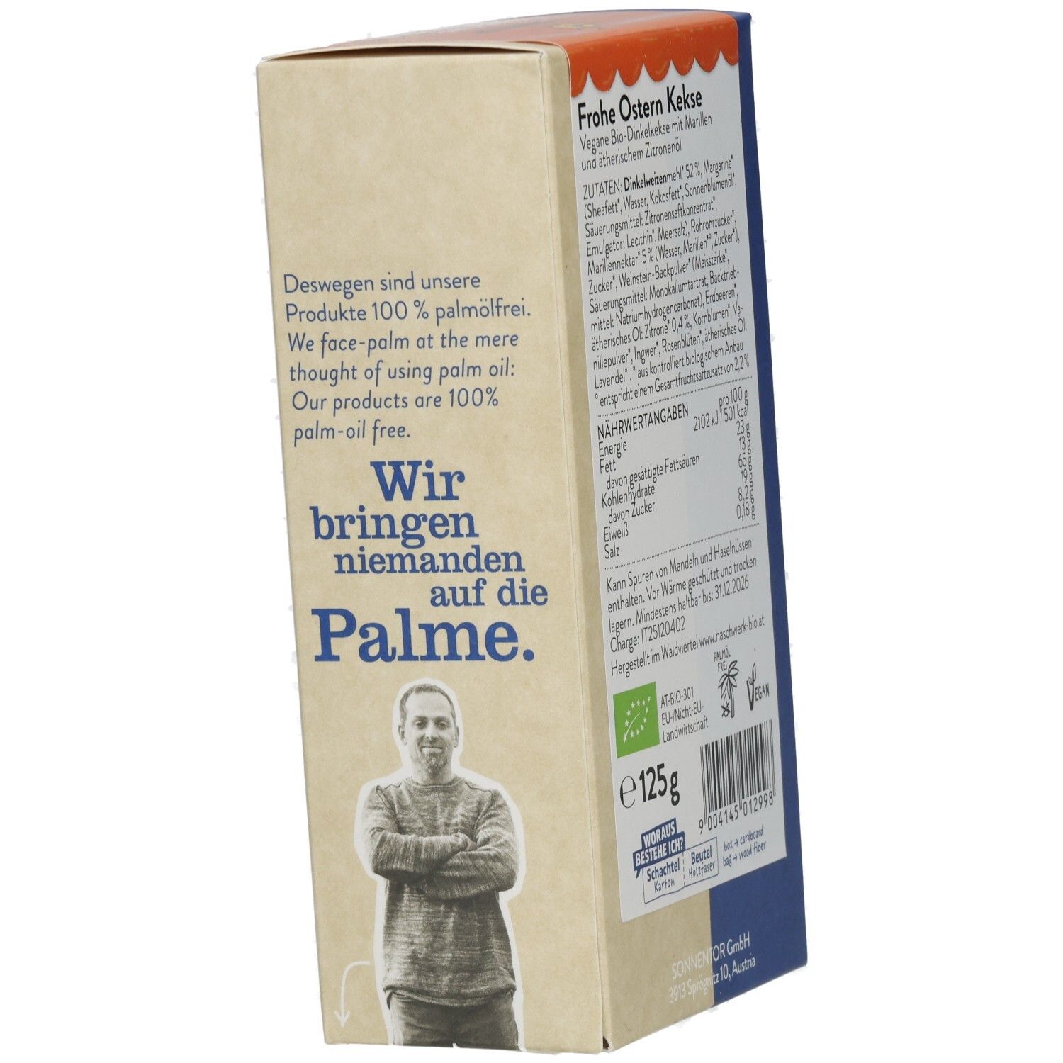 Verpackung mit Keksen. Seite mit Text: Wir bringen niemanden auf die Palme. Bio-Siegel. 125g. Vegan.
