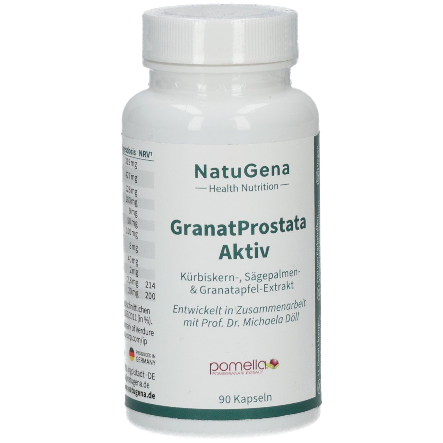 Weiße Flasche mit Kapseln. Aufschrift: NatuGena GranatProstata Aktiv. 90 Kapseln. Enthält Kürbiskern-, Sägepalmen- & Granatapfelextrakt.
