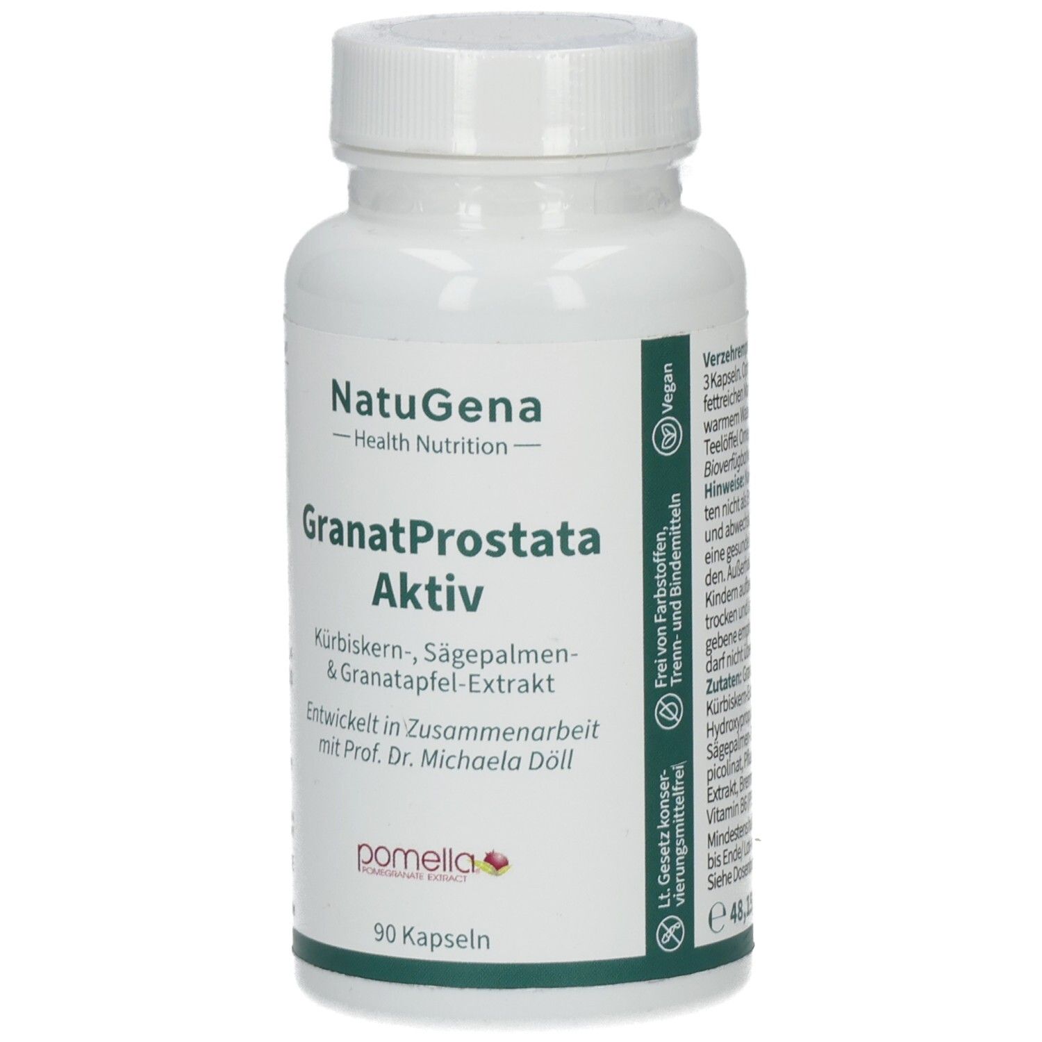 Weiße Flasche mit Kapseln. Aufschrift: NatuGena GranatProstata Aktiv. 90 Kapseln. Enthält Kürbiskern-, Sägepalmen- & Granatapfelextrakt. Vegan.