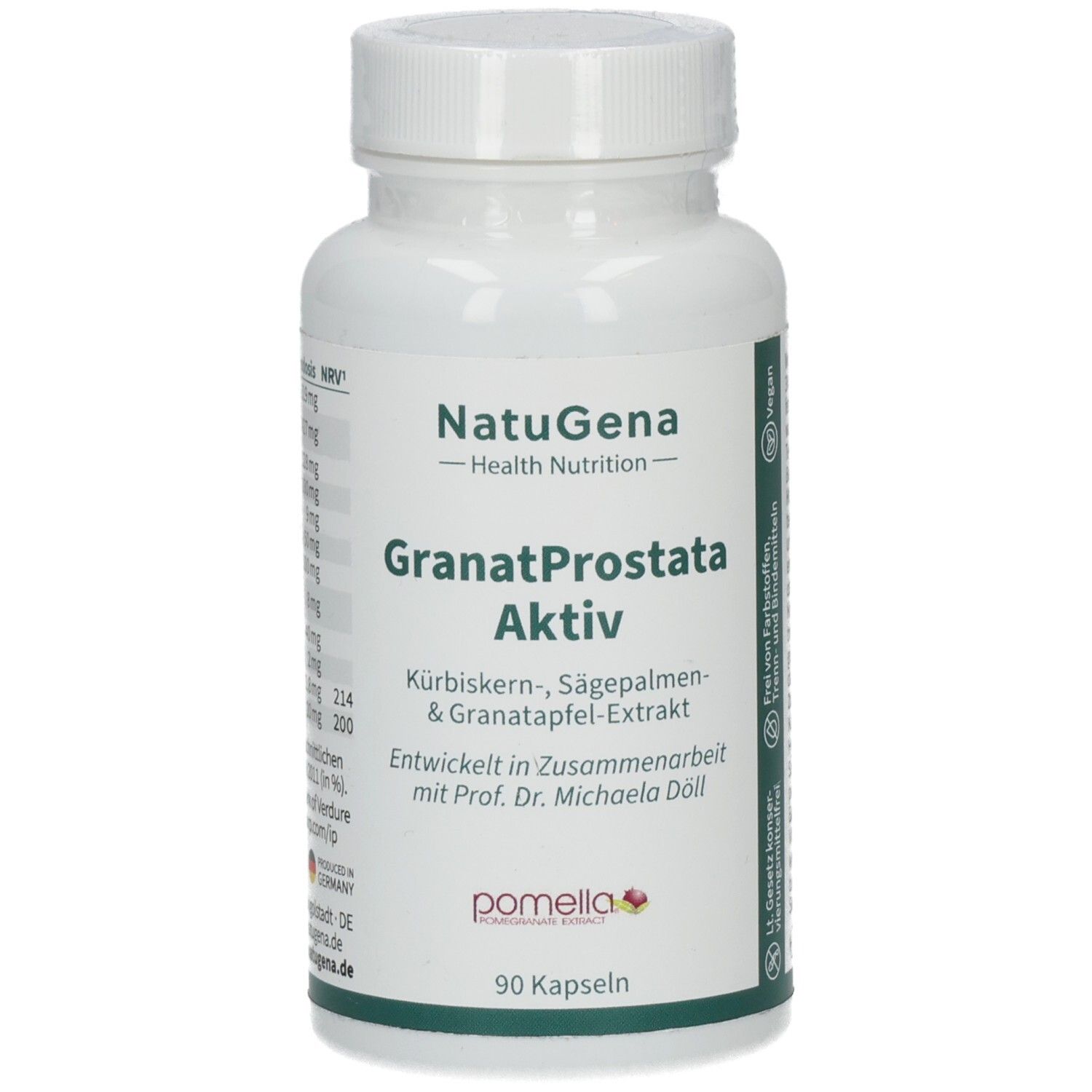 Weiße Flasche mit Kapseln. Aufschrift: NatuGena GranatProstata Aktiv. 90 Kapseln. Enthält Kürbiskern-, Sägepalmen- & Granatapfelextrakt.