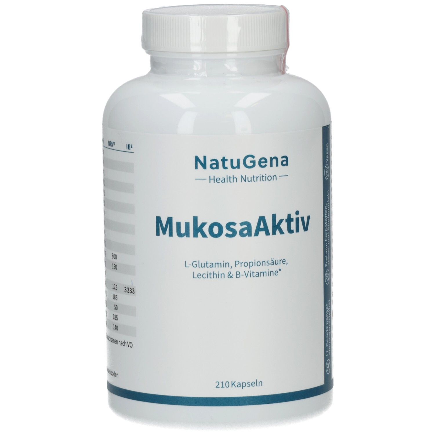 Weiße Flasche mit Kapseln. Aufschrift: NatuGena, MukosaAktiv, 210 Kapseln. Enthält L-Glutamin, Propionsäure, Lecithin & B-Vitamine.