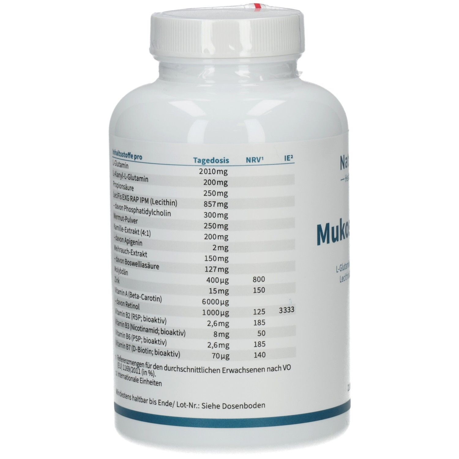 Rückseite der Flasche. Enthält Nährwertangaben pro Tagesdosis. Inhaltsstoffe: L-Glutamin, Lecifis, Kamille, Zink, Vitamine.