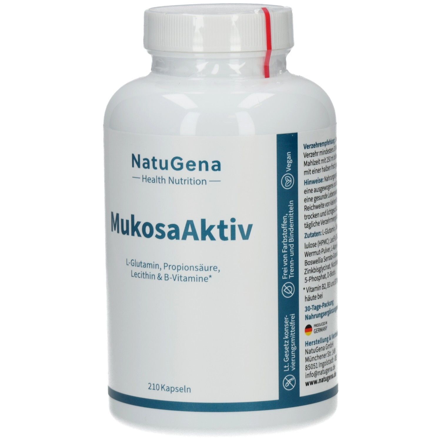 Weiße Flasche mit Kapseln. Aufschrift: NatuGena, MukosaAktiv, 210 Kapseln. Vegan-Siegel.