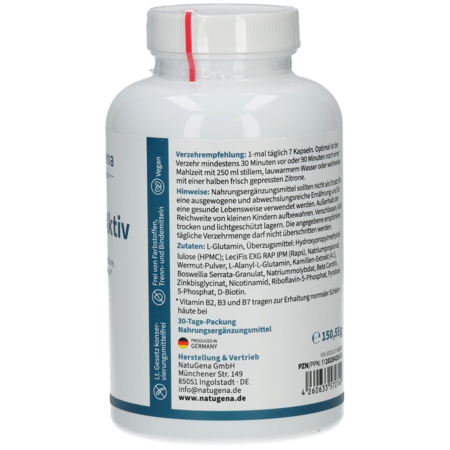Rückseite der Flasche. Enthält Verzehrempfehlung, Inhaltsstoffe, 30-Tage-Packung, Vegan-Siegel.