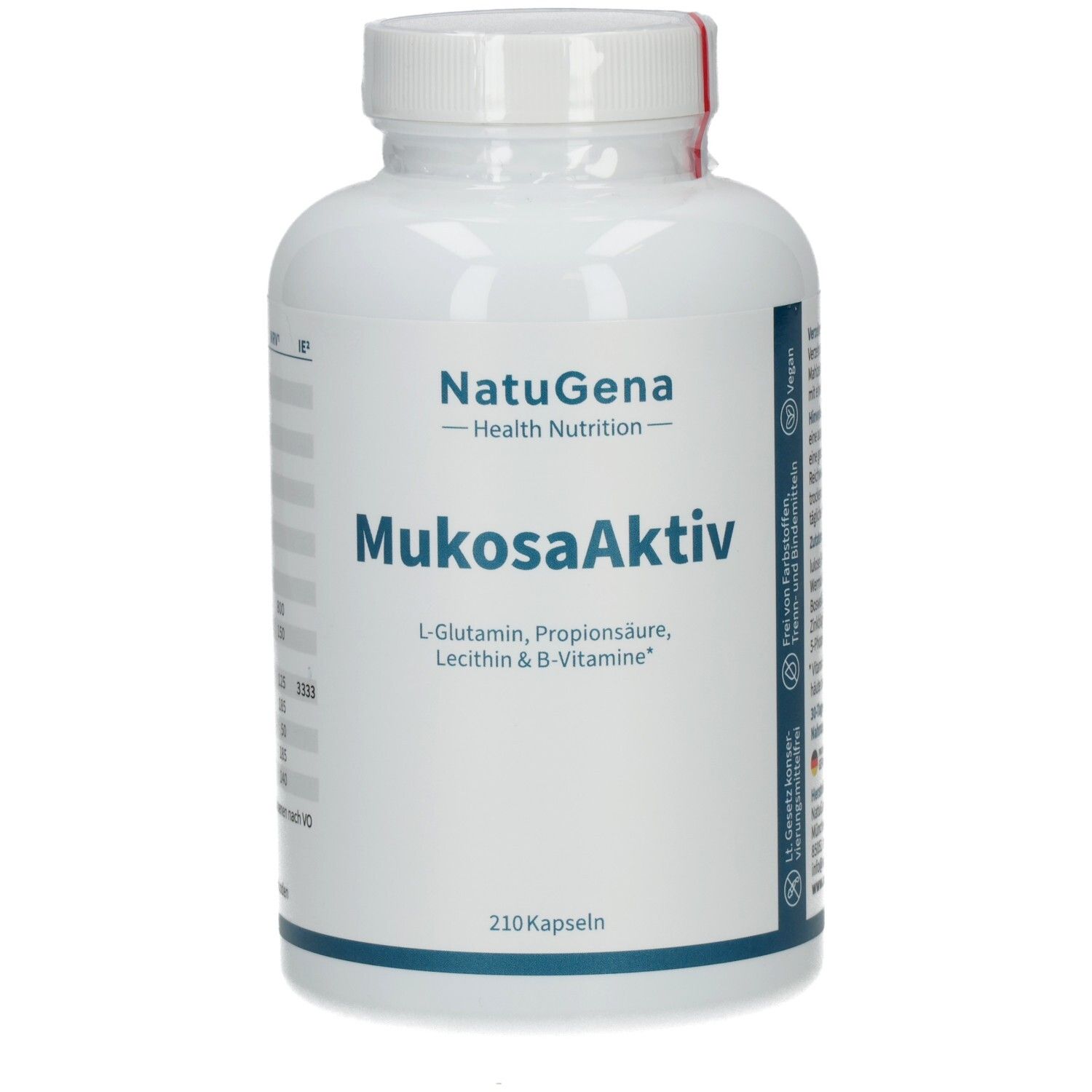 Weiße Flasche mit Kapseln. Aufschrift: NatuGena, MukosaAktiv, 210 Kapseln.