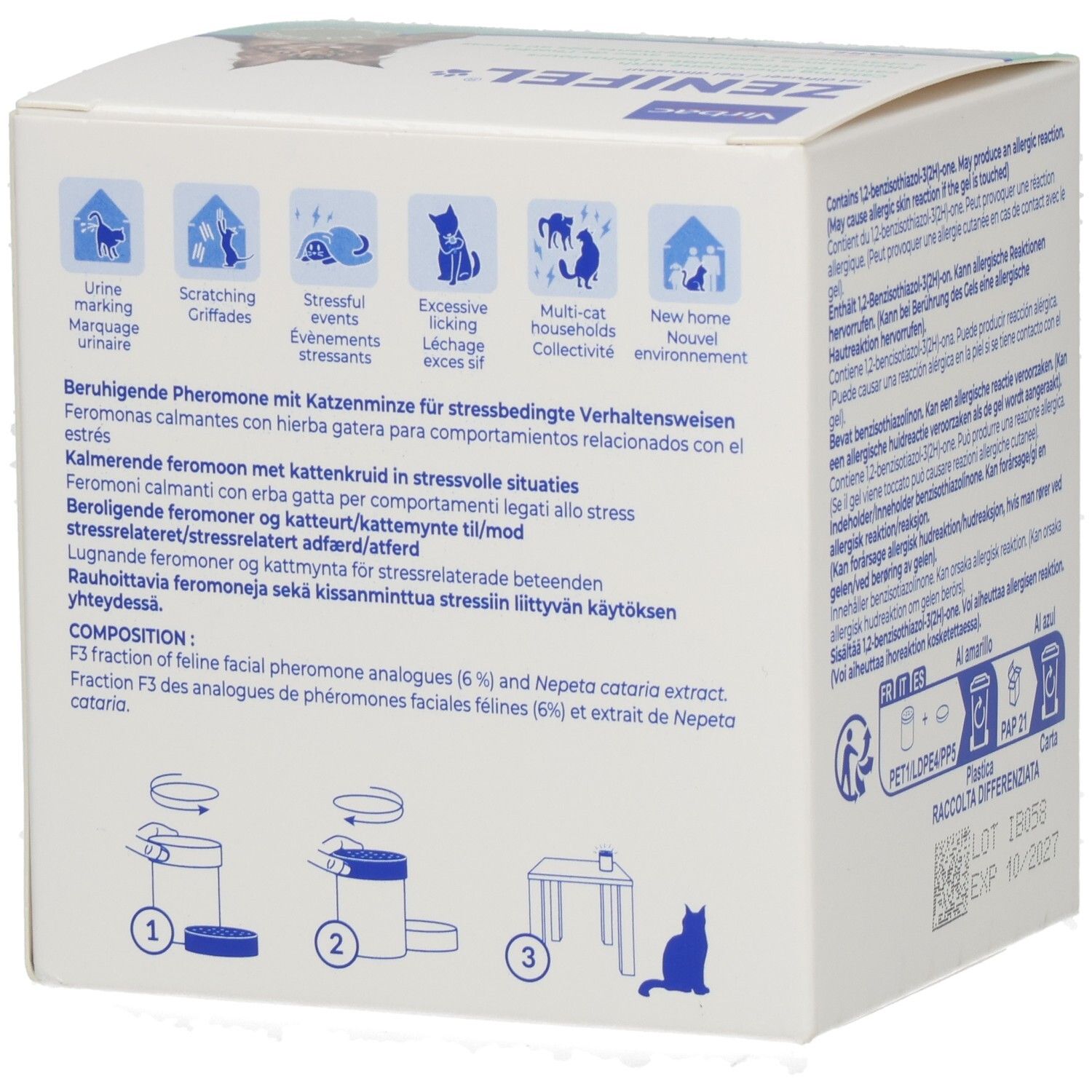 Seite der ZENIFEL Gel Diffuser Verpackung mit Piktogrammen für Stresssituationen und Anwendungshinweisen.