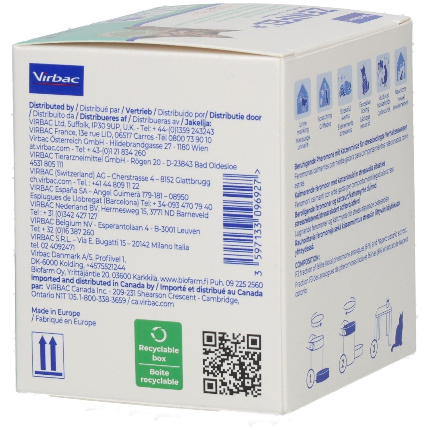 Seite der ZENIFEL Gel Diffuser Verpackung mit Händlerinformationen und Herkunftsangabe.