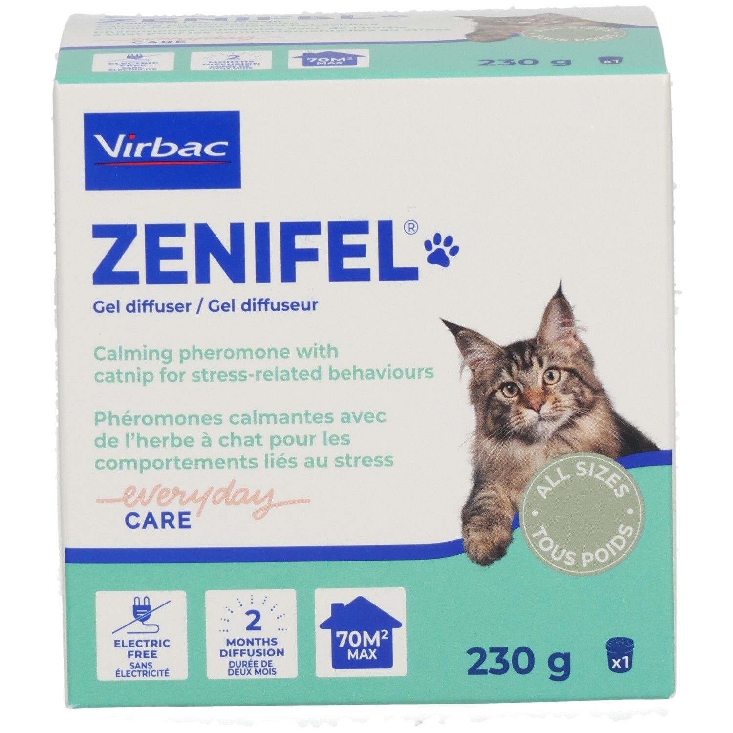 Vorderseite der ZENIFEL Gel Diffuser Verpackung mit Katzenbild und Produktmerkmalen.