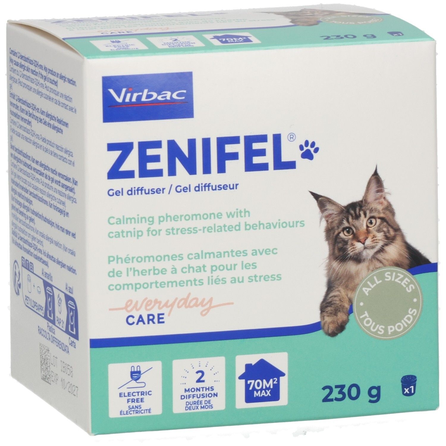 Vorderseite der ZENIFEL Gel Diffuser Verpackung mit Katzenbild, Produktmerkmalen und Gewicht.