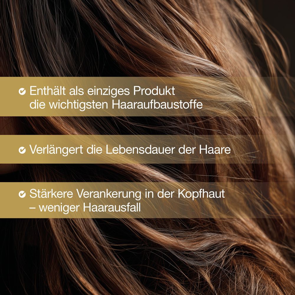 Braunes Haar. Text: Enthält Haaraufbaustoffe, verlängert Lebensdauer, stärkere Verankerung.