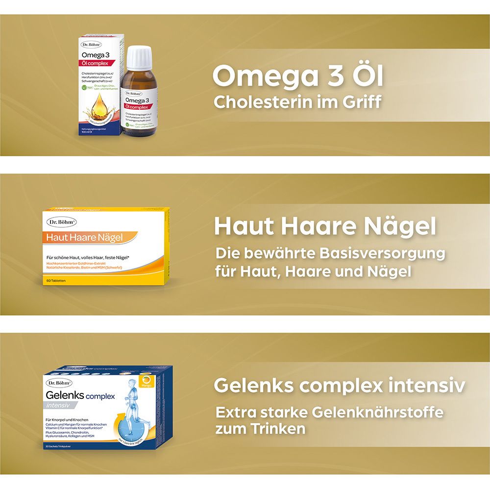Drei Produktverpackungen: Omega 3 Öl, Haut Haare Nägel, Gelenks complex intensiv.