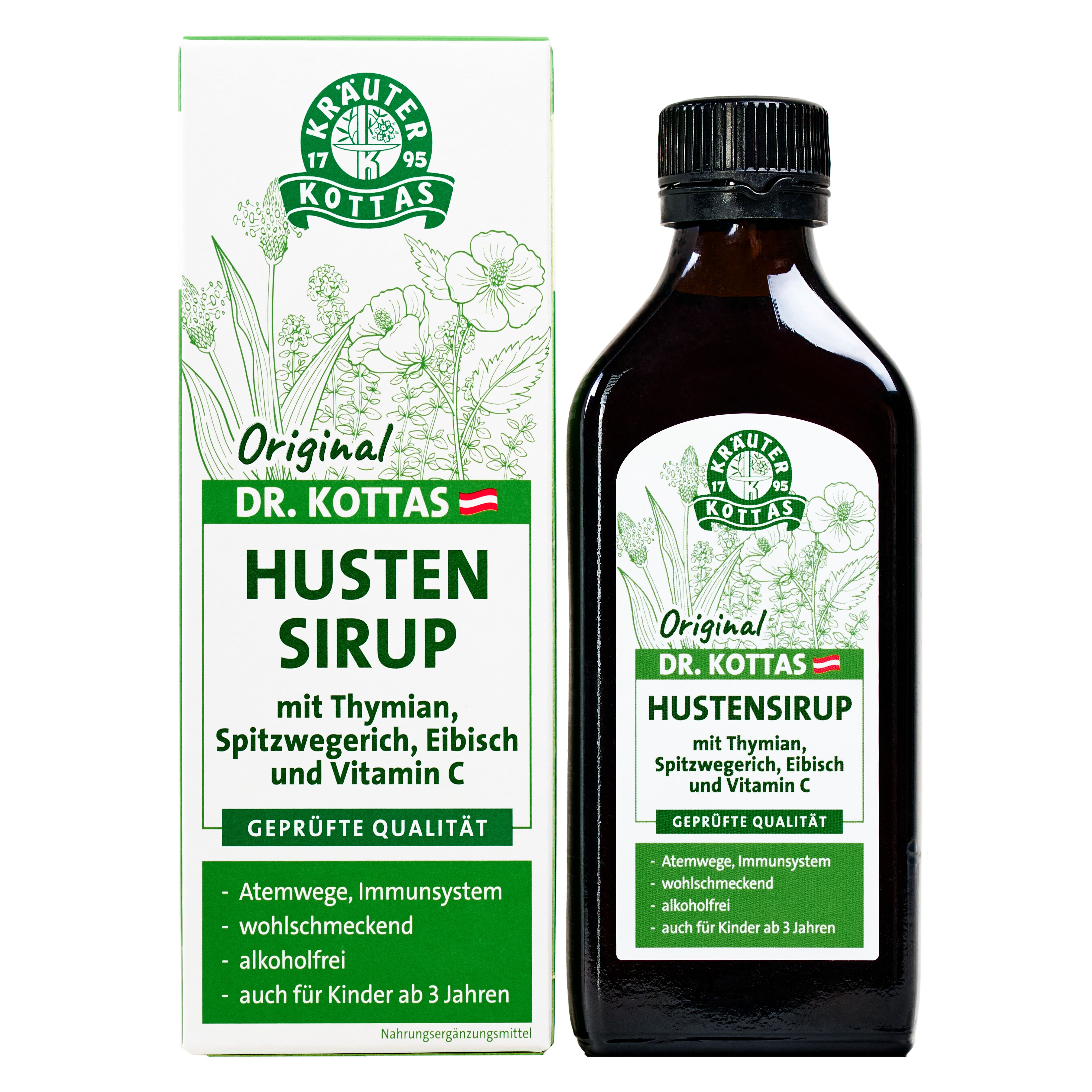 Dr. Kottas Hustensirup Flasche und Kartonverpackung mit Kräuterabbildungen und Hinweisen zu Inhaltsstoffen.
