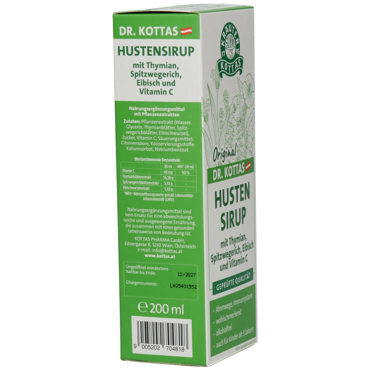Rückseite der Hustensirup-Verpackung. Enthält Informationen zu Inhaltsstoffen und Nährwerten. Aufschrift: DR. KOTTAS HUSTENSIRUP. 200 ml.