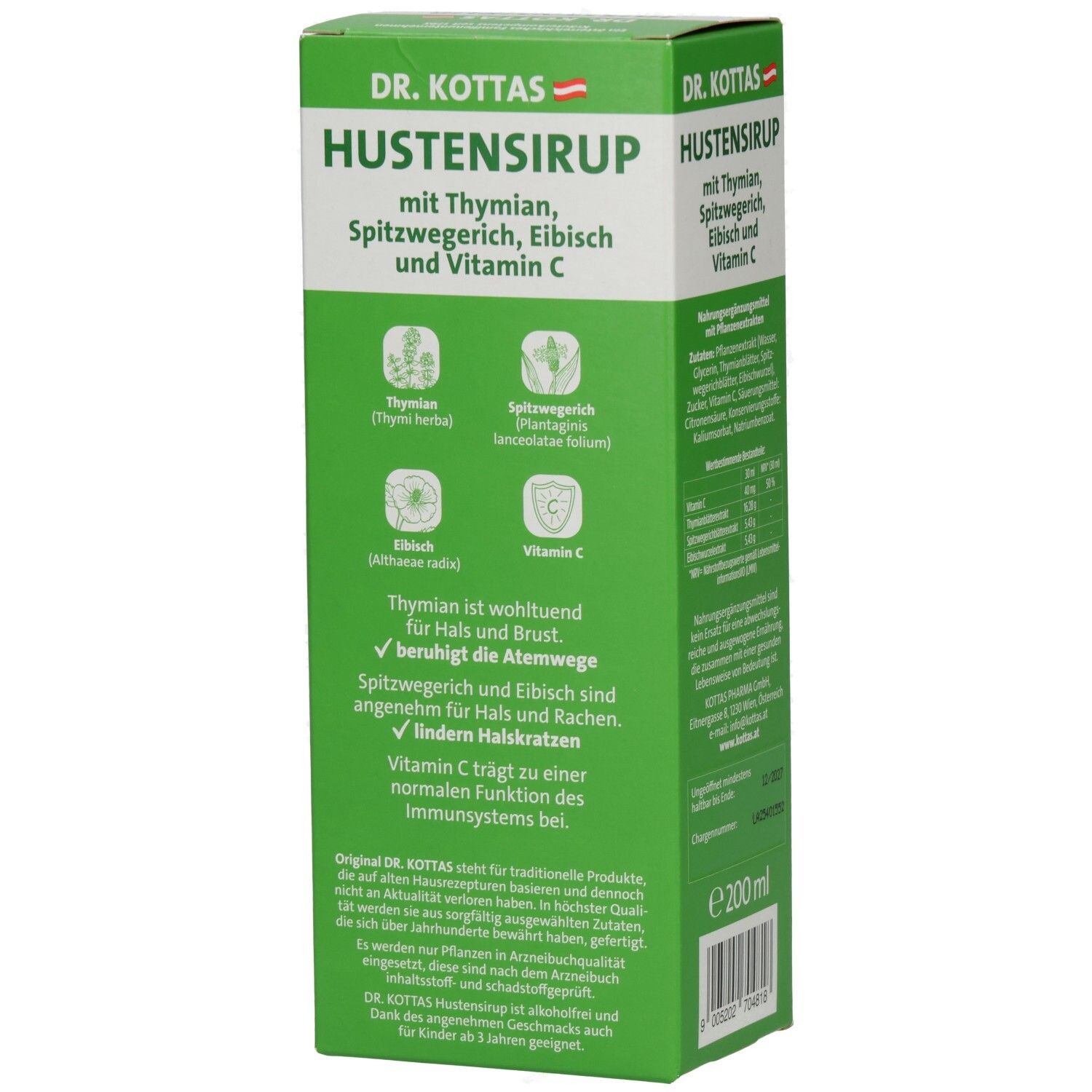 Seite der Hustensirup-Verpackung. Enthält Informationen zu Inhaltsstoffen und Anwendung. Aufschrift: DR. KOTTAS HUSTENSIRUP. 200 ml.