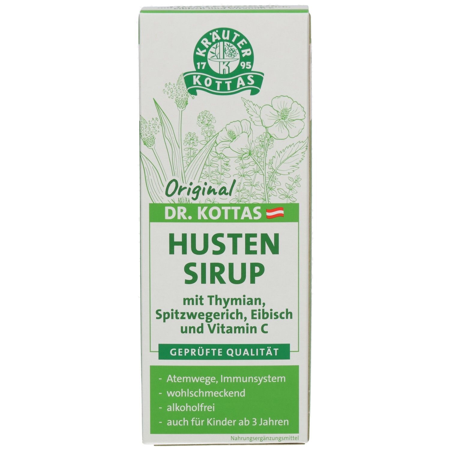 Vorderseite der Hustensirup-Verpackung. Aufschrift: DR. KOTTAS HUSTENSIRUP. Enthält Thymian, Spitzwegerich, Eibisch und Vitamin C. Grüne und weiße Verpackung.